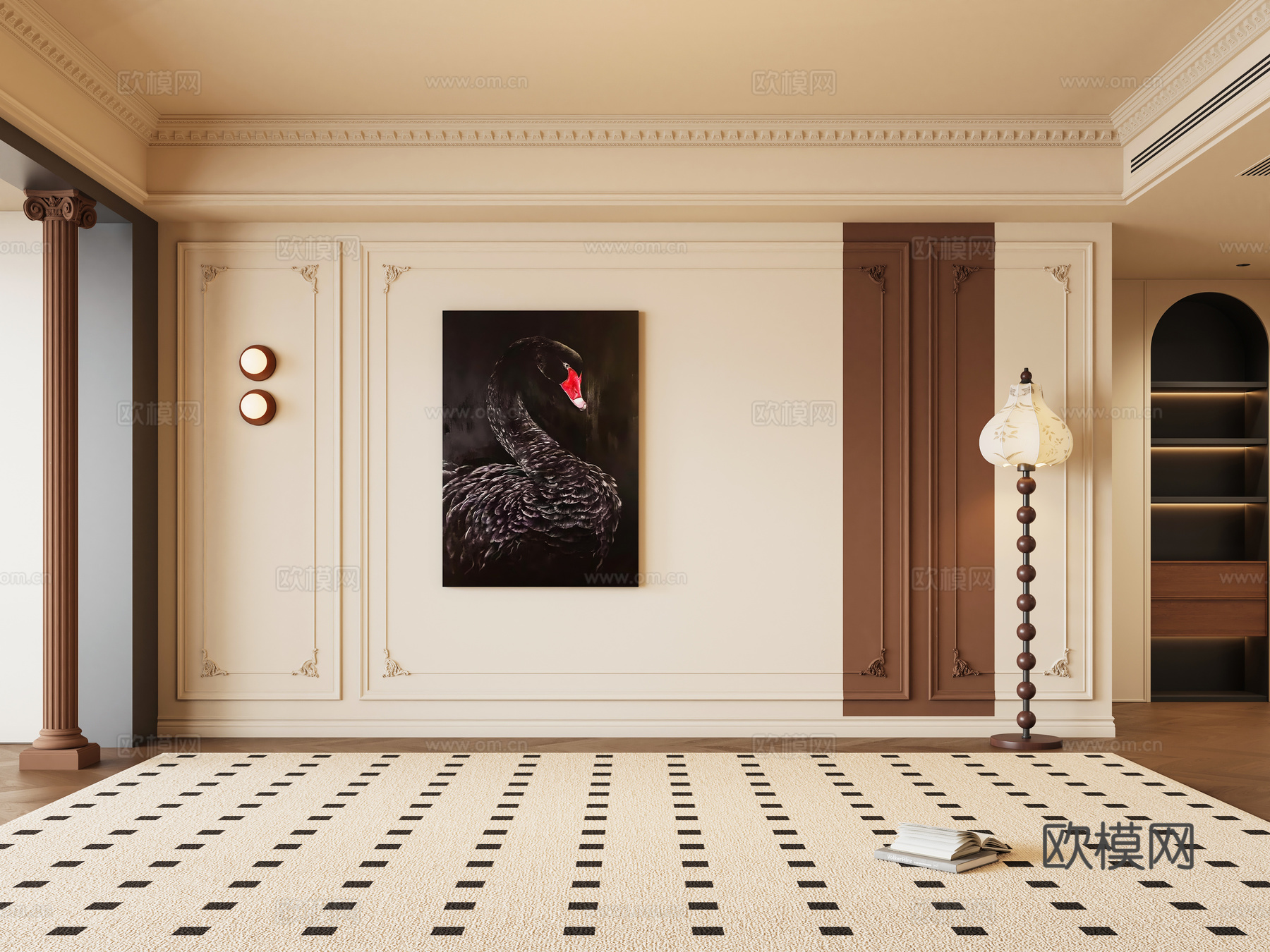 法式复古沙发背景墙 法式线条背景墙 客厅沙发背景墙 落地灯su模型