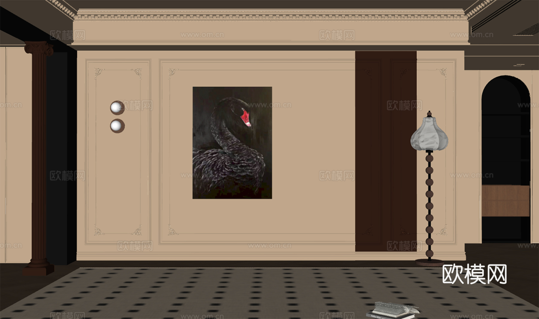 法式复古沙发背景墙 法式线条背景墙 客厅沙发背景墙 落地灯su模型