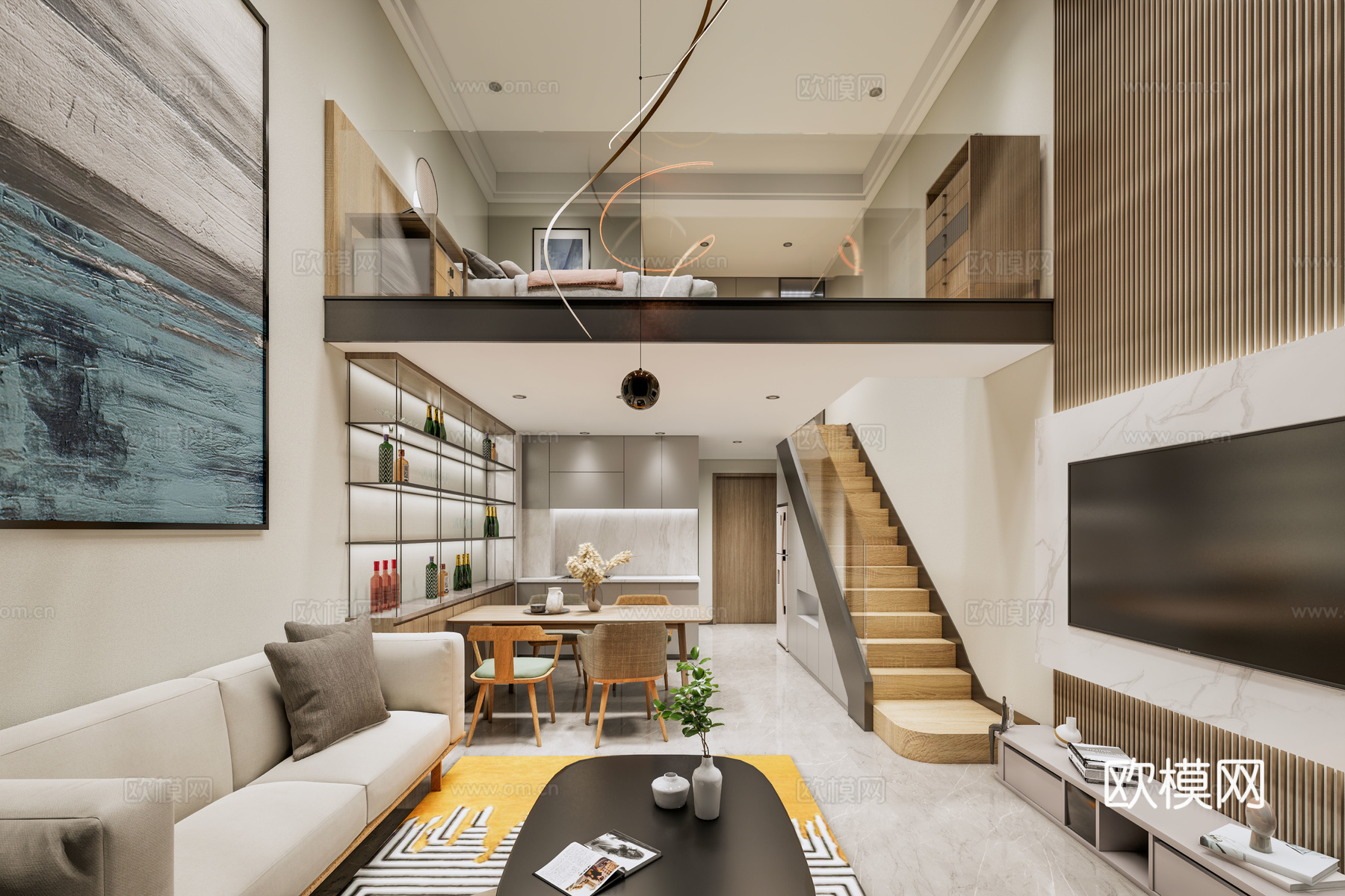 现代原木公寓 单身公寓 公寓客餐厅 小户型 复式公寓su模型