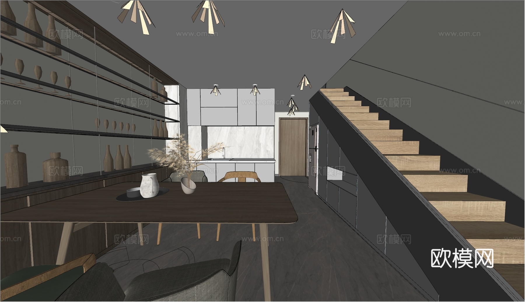 现代原木公寓 单身公寓 公寓客餐厅 小户型 复式公寓su模型