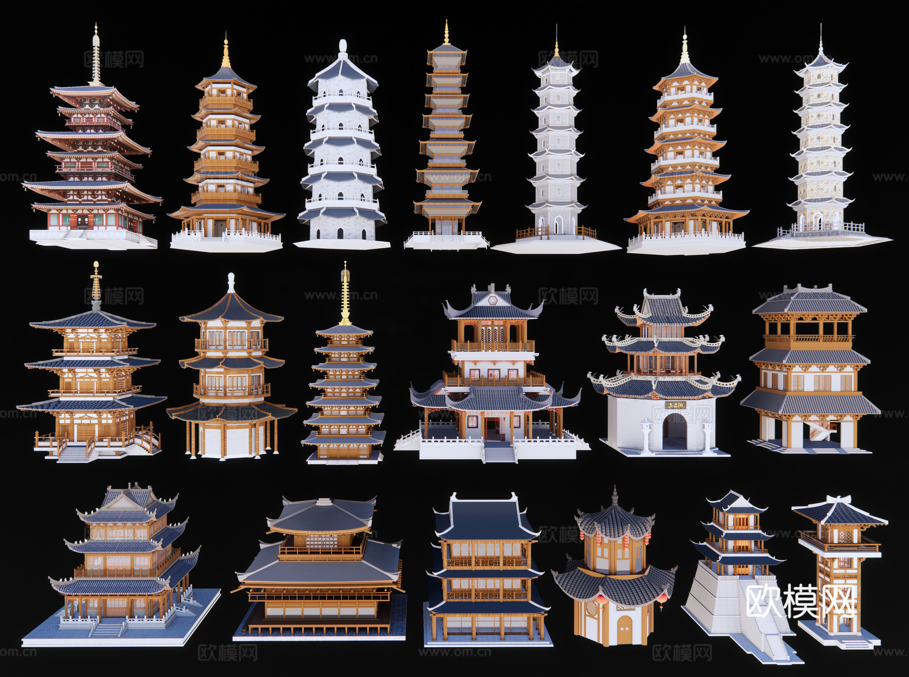 中式古塔 宝塔 塔楼 佛塔 石塔 古楼 舍利塔 藏金阁 寺庙su模型