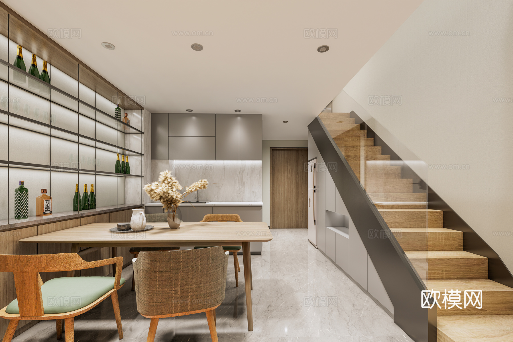 现代原木公寓 单身公寓 公寓客餐厅 小户型 复式公寓su模型