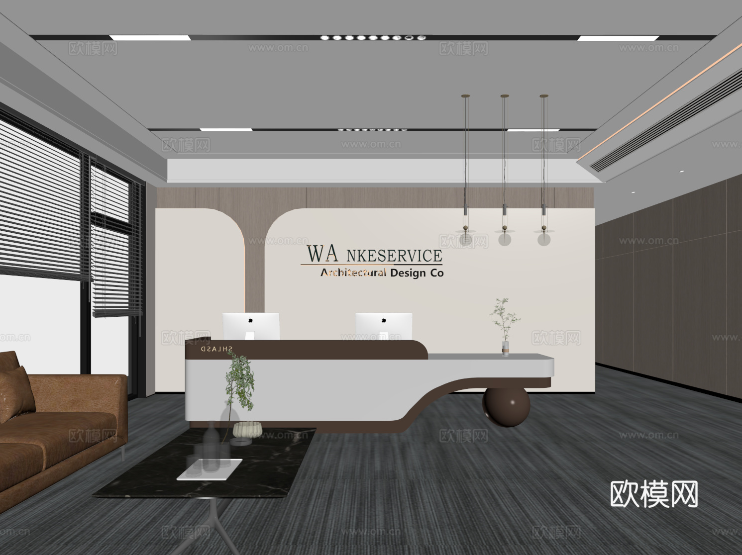现代公司前台 背景墙 沙发 接待区 沙发 吊灯su模型下载（渲染图2）
