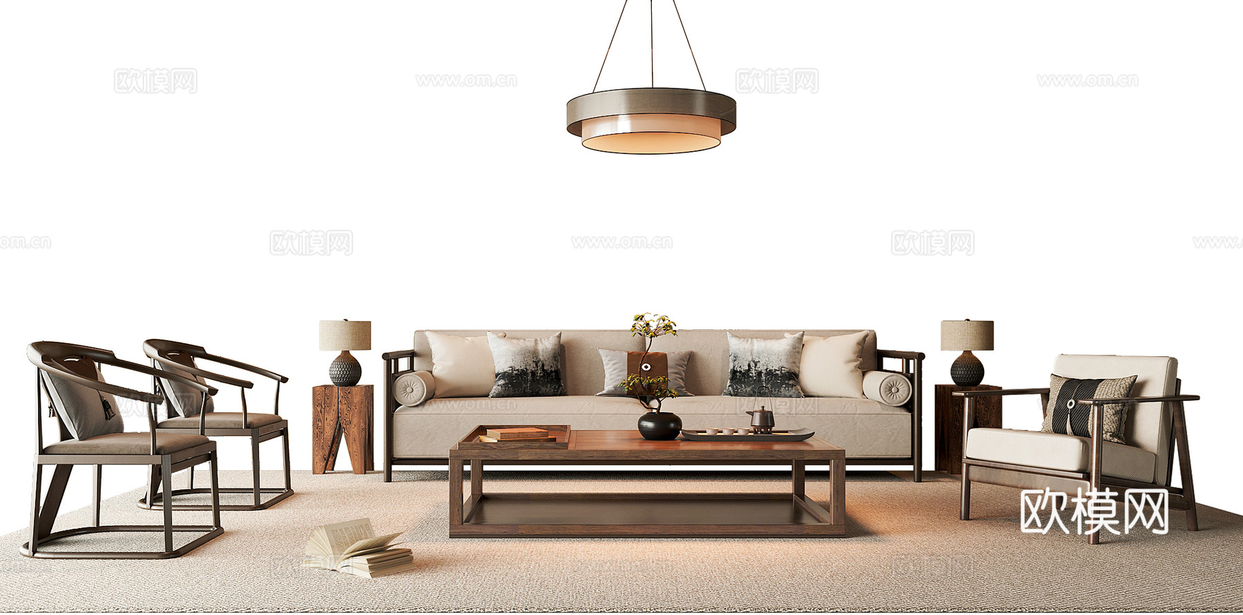 新中式中式沙发组合 组合沙发 休闲沙发 三人沙发 吊灯 沙发su模型下载（渲染图1）