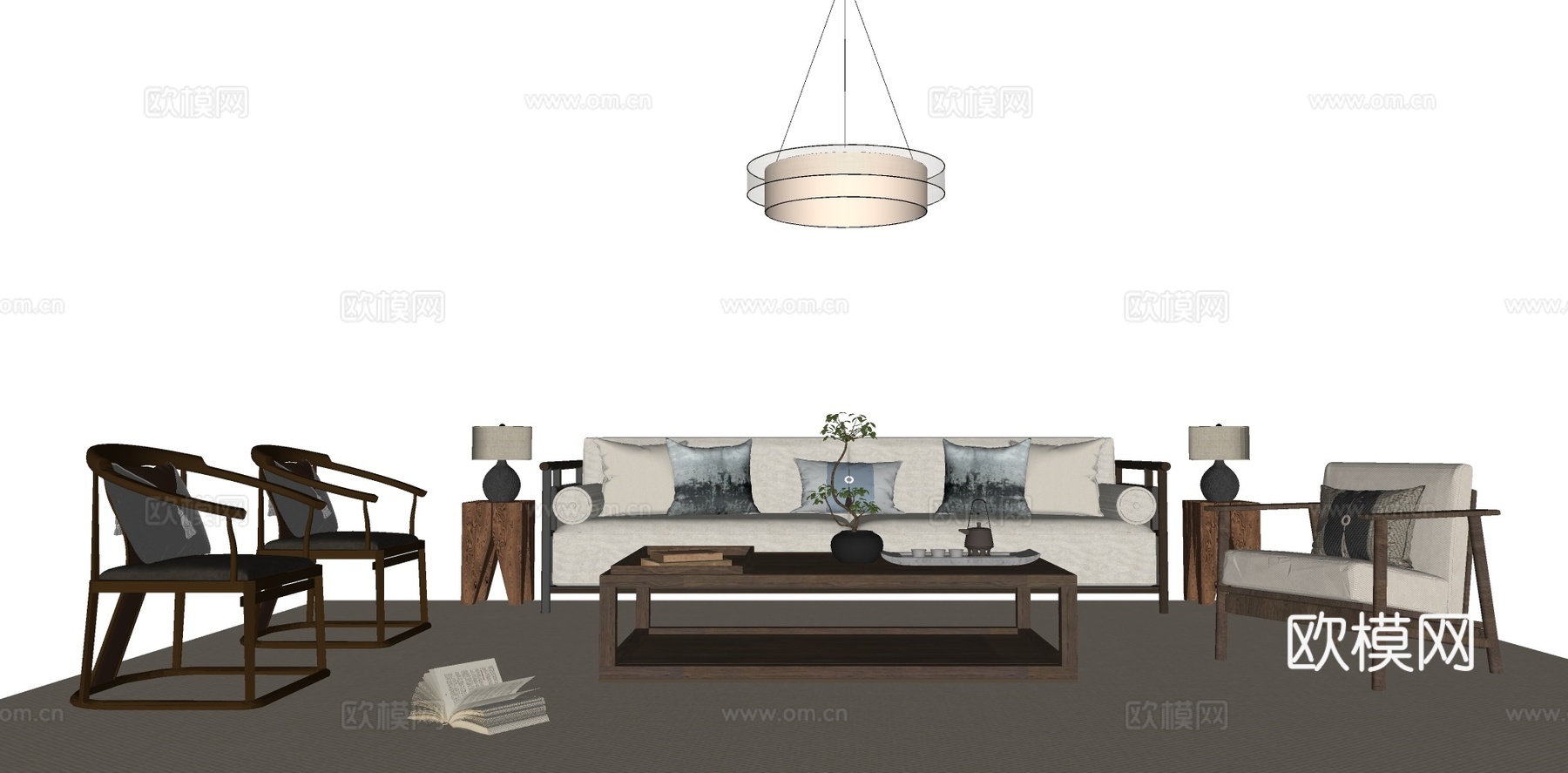 新中式中式沙发组合 组合沙发 休闲沙发 三人沙发 吊灯 沙发su模型下载（渲染图2）