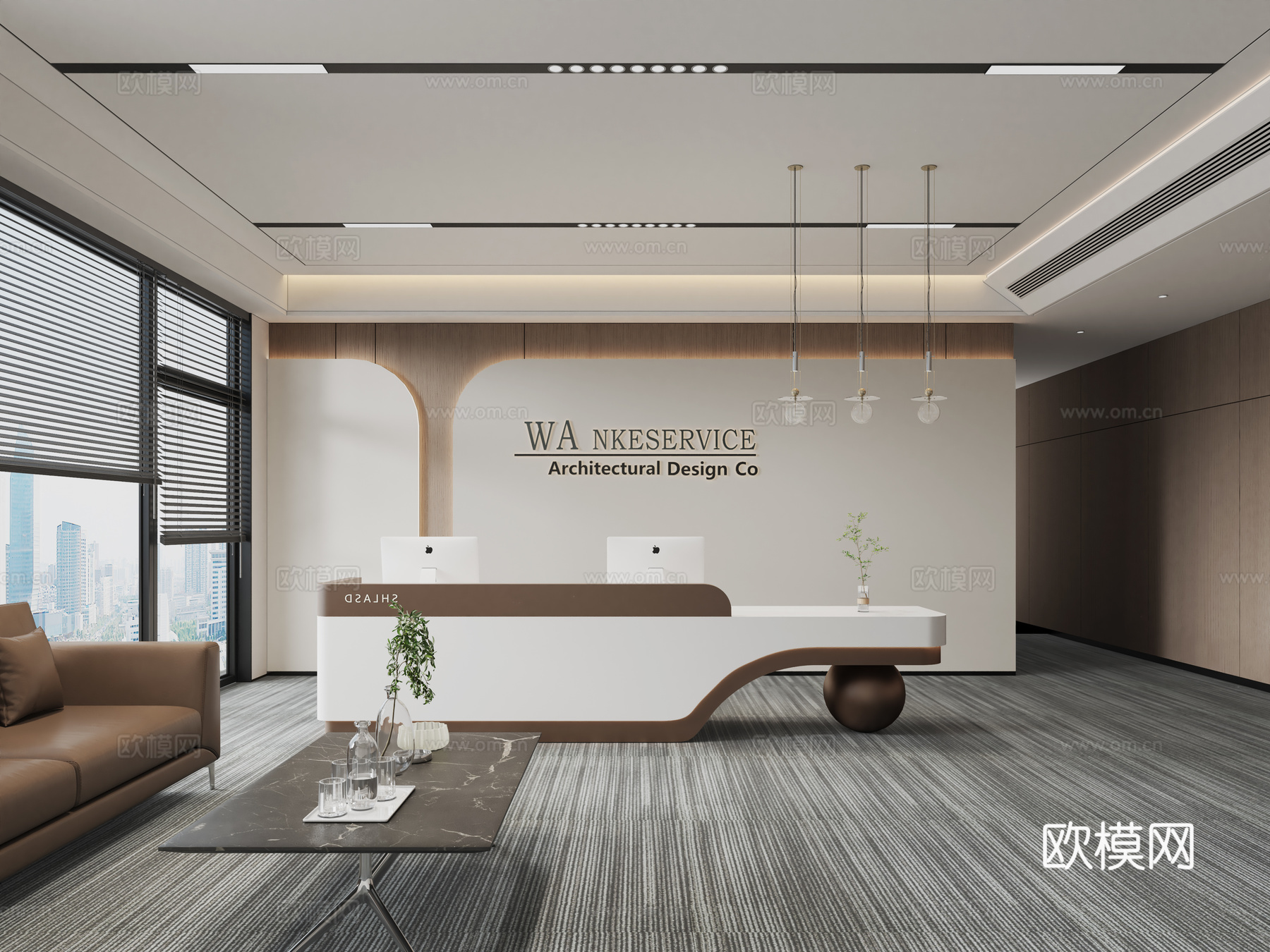 现代公司前台 背景墙 沙发 接待区 沙发 吊灯su模型下载（渲染图1）