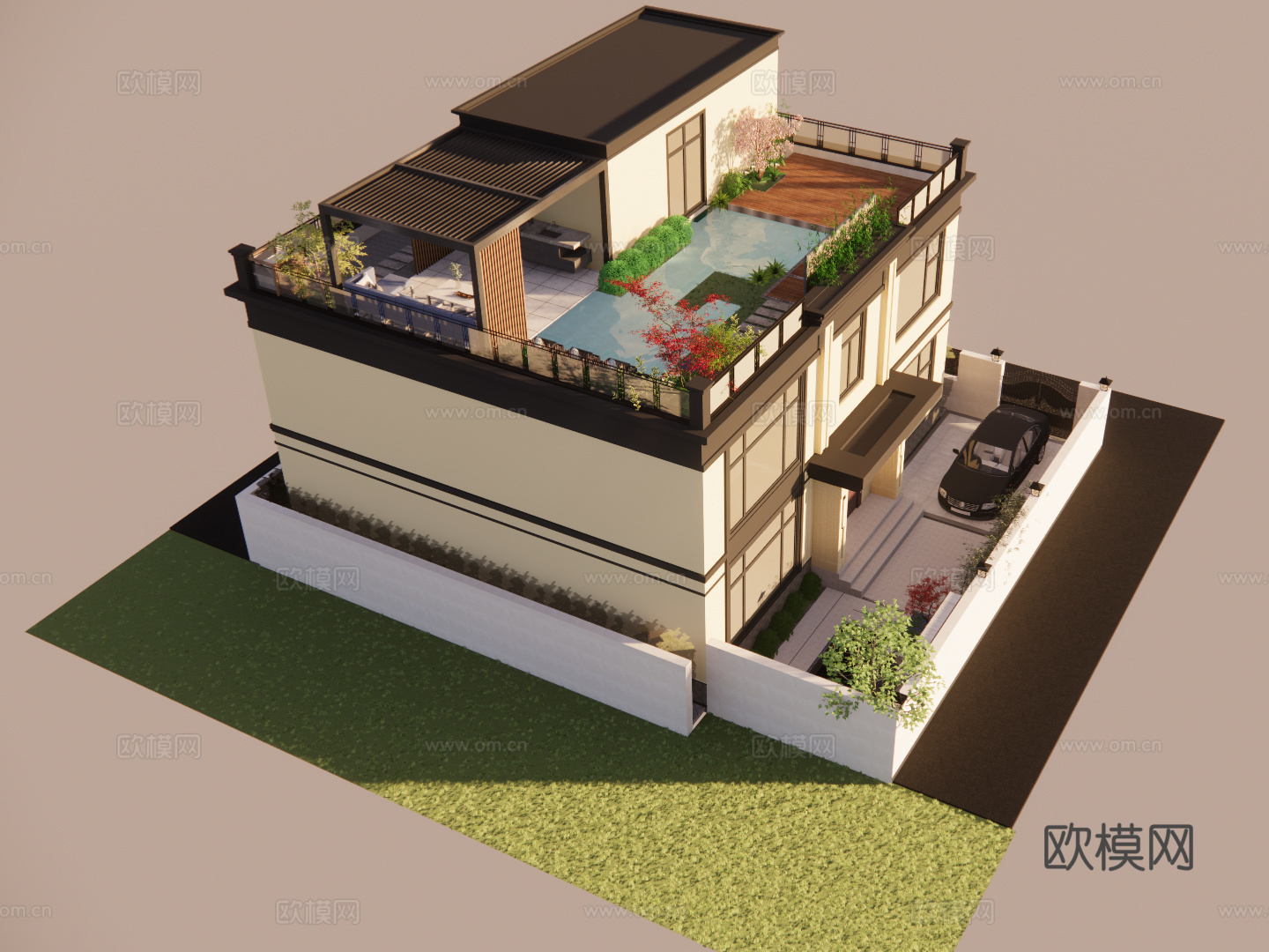 新中式独栋别墅庭院花园景观屋顶花园su模型