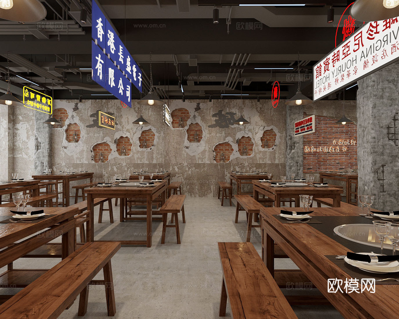 现代工业火锅店 火锅店 餐桌椅组合 发光灯牌 破败装饰墙3d模型