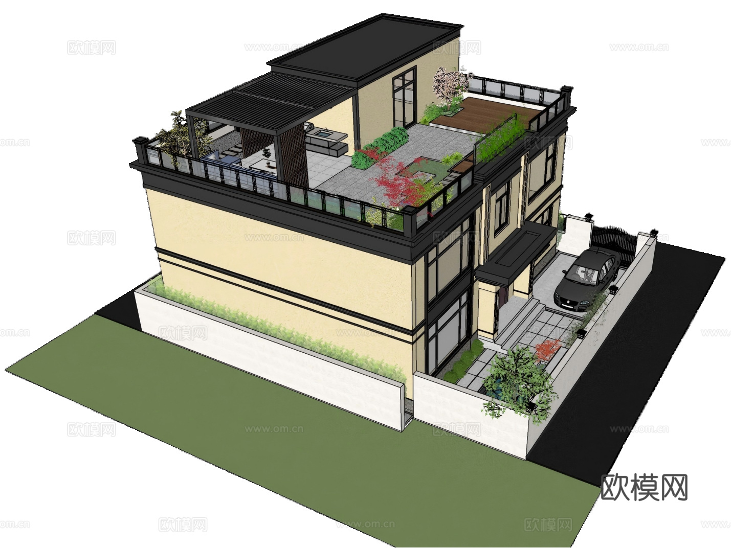 新中式独栋别墅庭院花园景观屋顶花园su模型