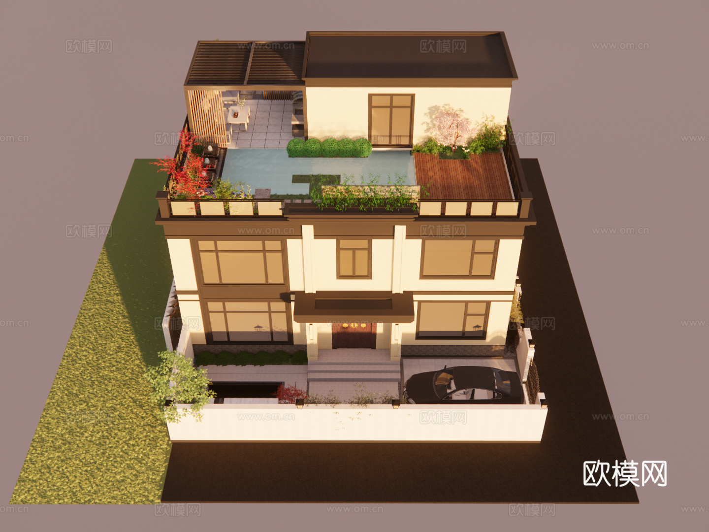 新中式独栋别墅庭院花园景观屋顶花园su模型