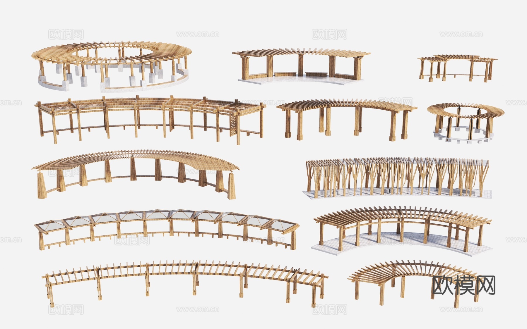 现代花架 木廊架 弧形廊架 廊架 圆形廊架 景观廊架3d模型