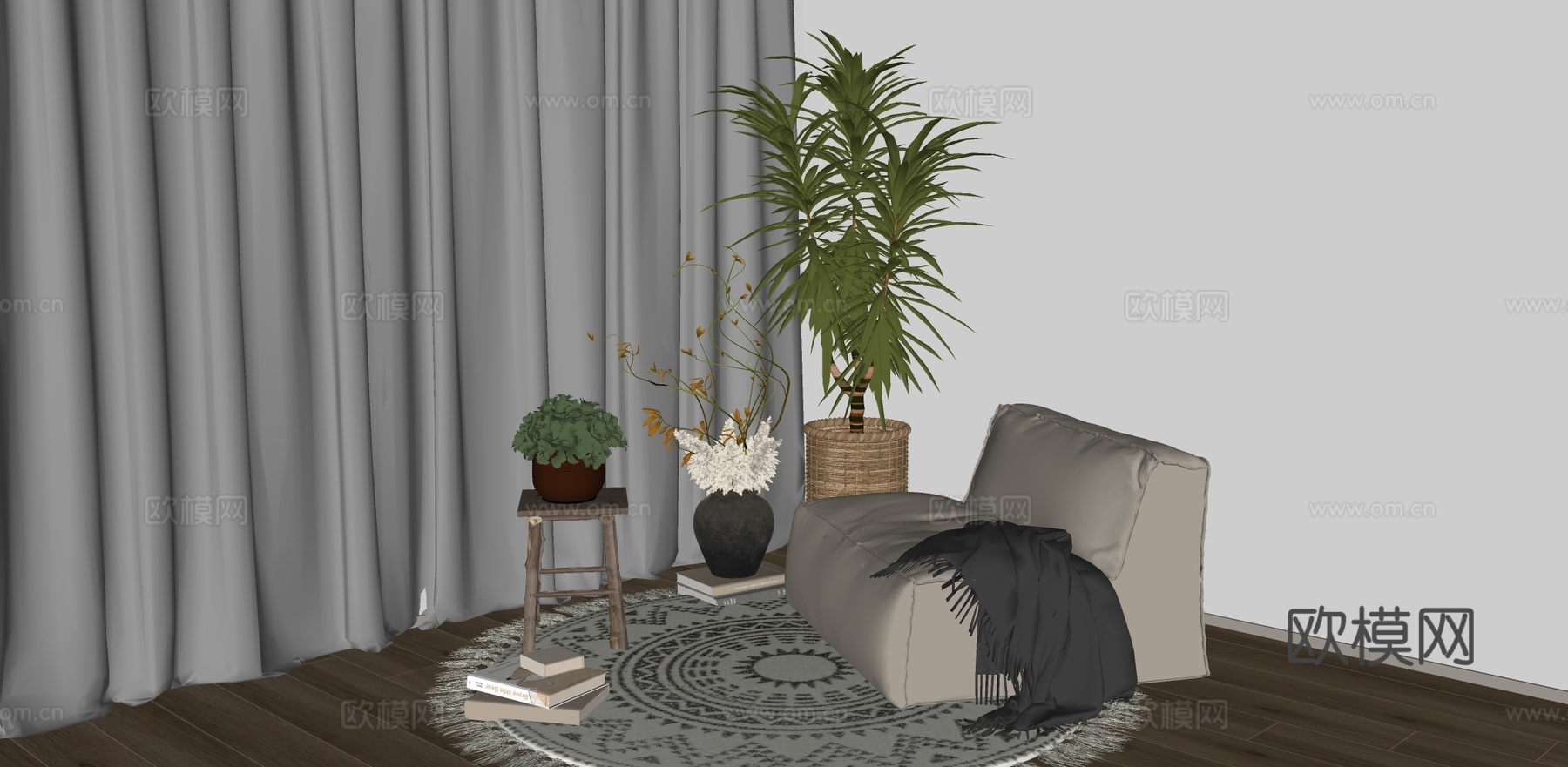 休闲椅懒人沙发单人沙发盆栽su模型下载（渲染图2）