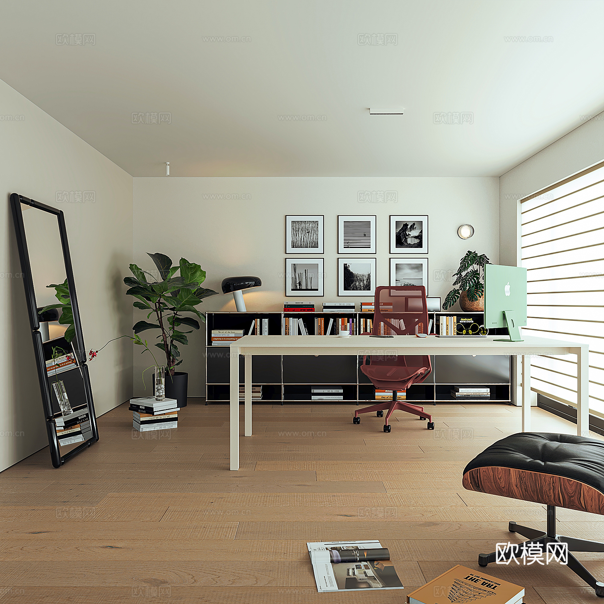 现代极简书房 伊姆斯躺椅 酋长椅 USM斗柜 梦幻帘 穿衣镜su模型