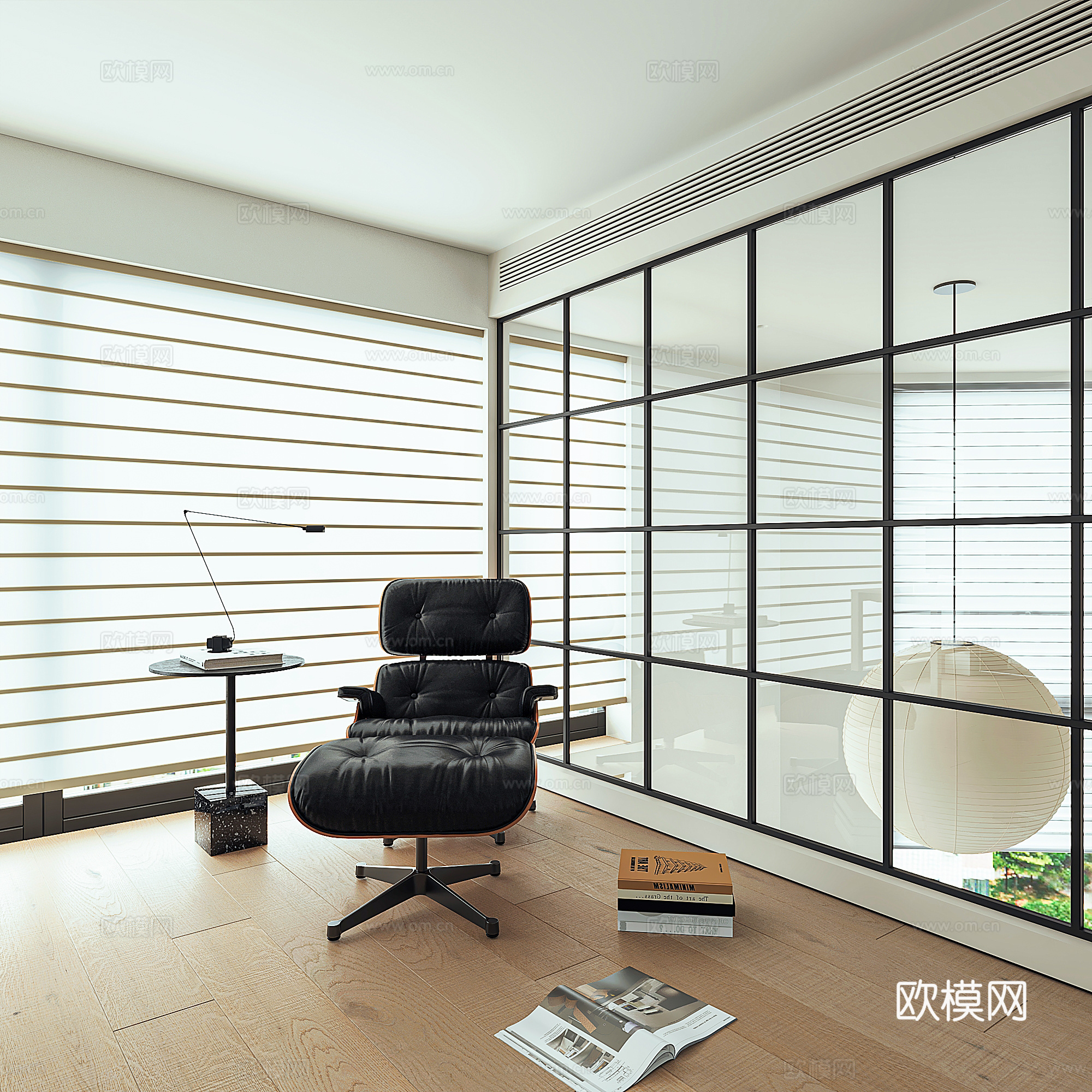 现代极简书房 伊姆斯躺椅 酋长椅 USM斗柜 梦幻帘 穿衣镜su模型