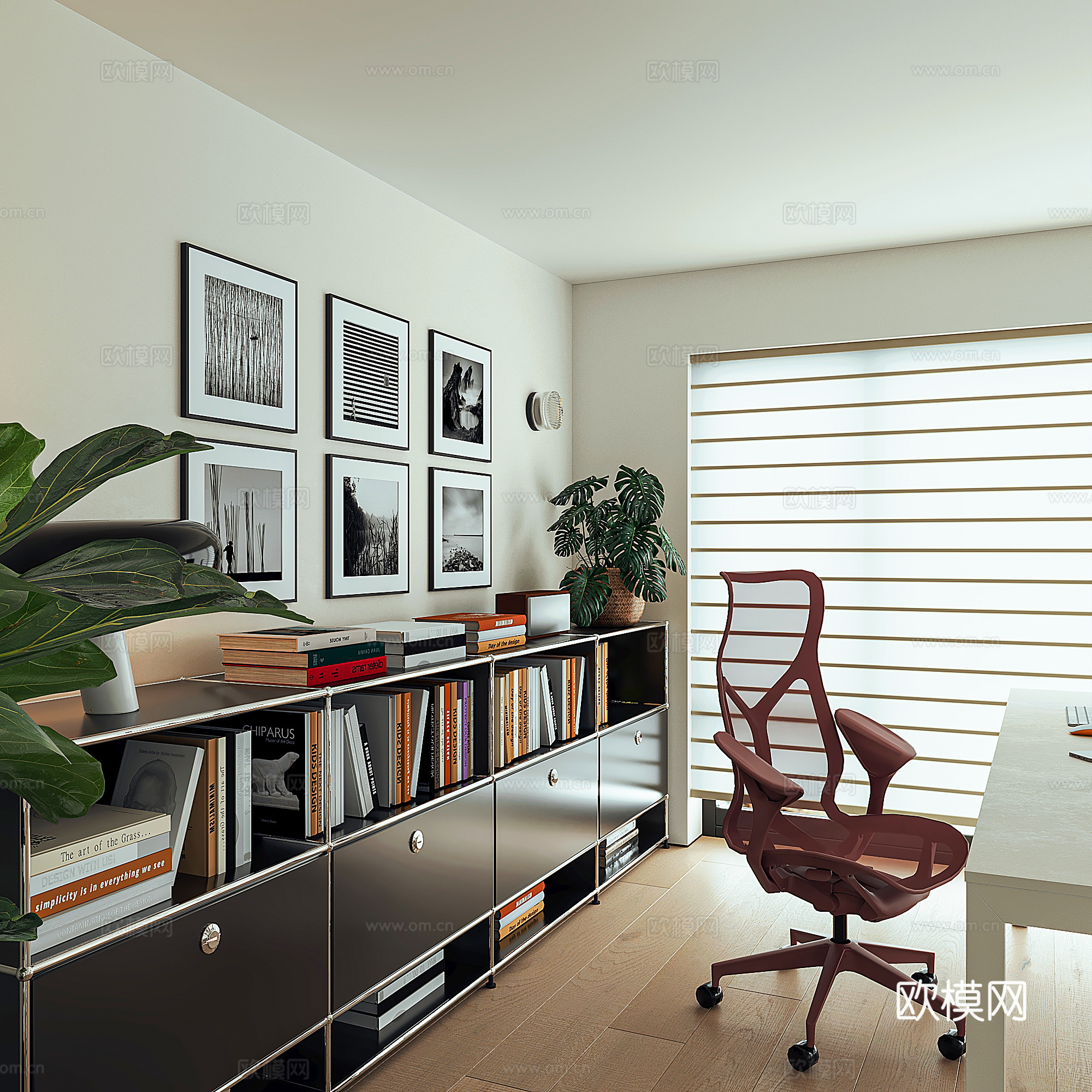 现代极简书房 伊姆斯躺椅 酋长椅 USM斗柜 梦幻帘 穿衣镜su模型