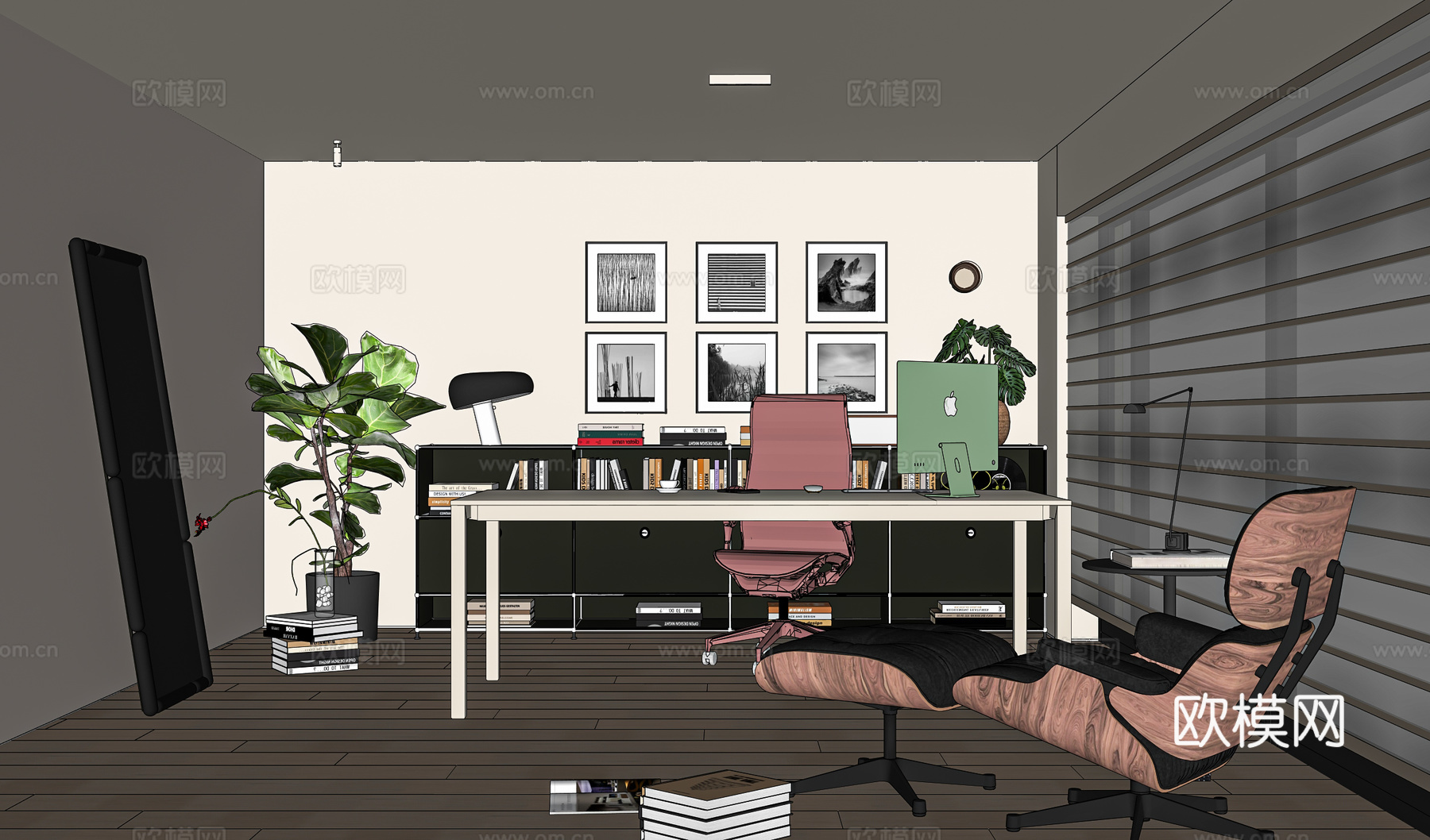 现代极简书房 伊姆斯躺椅 酋长椅 USM斗柜 梦幻帘 穿衣镜su模型