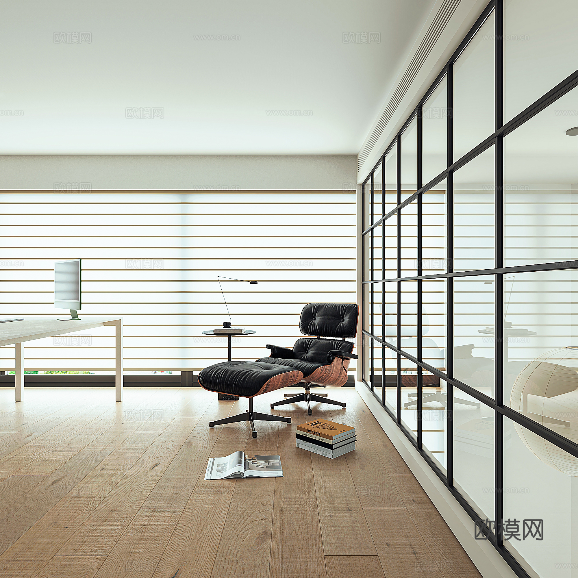 现代极简书房 伊姆斯躺椅 酋长椅 USM斗柜 梦幻帘 穿衣镜su模型