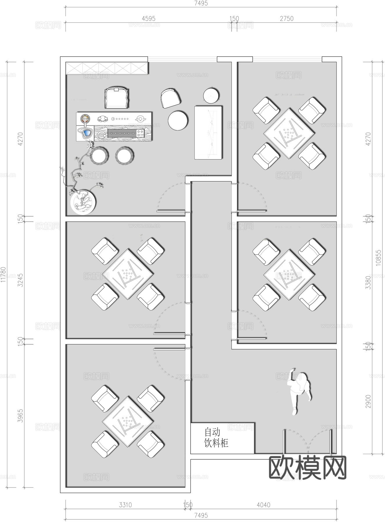 棋牌室俱乐部麻将cad施工图