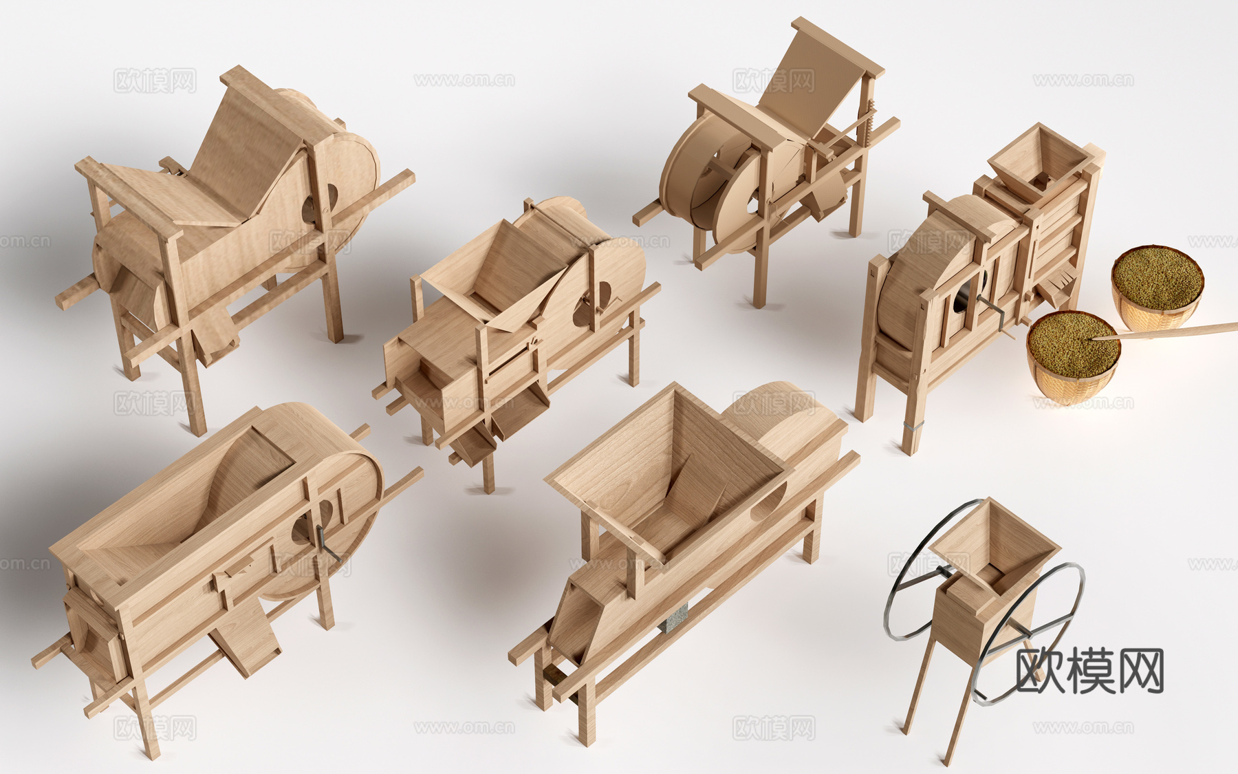 现代打谷机 农具小品 农耕小品su模型下载（渲染图1）