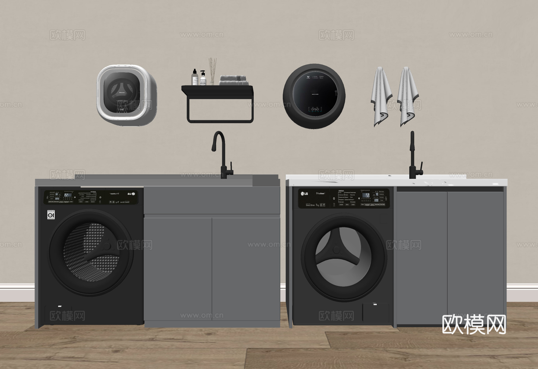 现代极简风柜子 整体柜 洗衣机柜 小洗衣机 阳台柜 储物柜su模型下载（渲染图2）