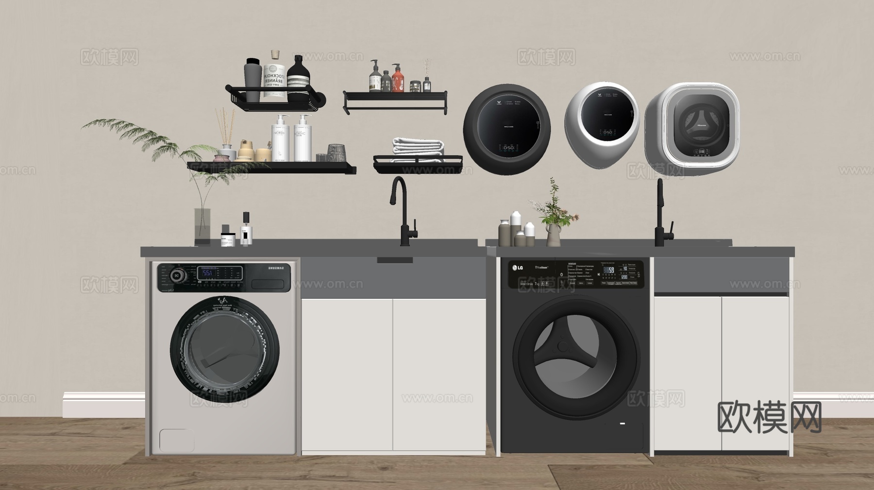 现代极简风柜子 整体柜 洗衣机柜 小洗衣机 阳台柜 储物柜su模型下载（渲染图2）