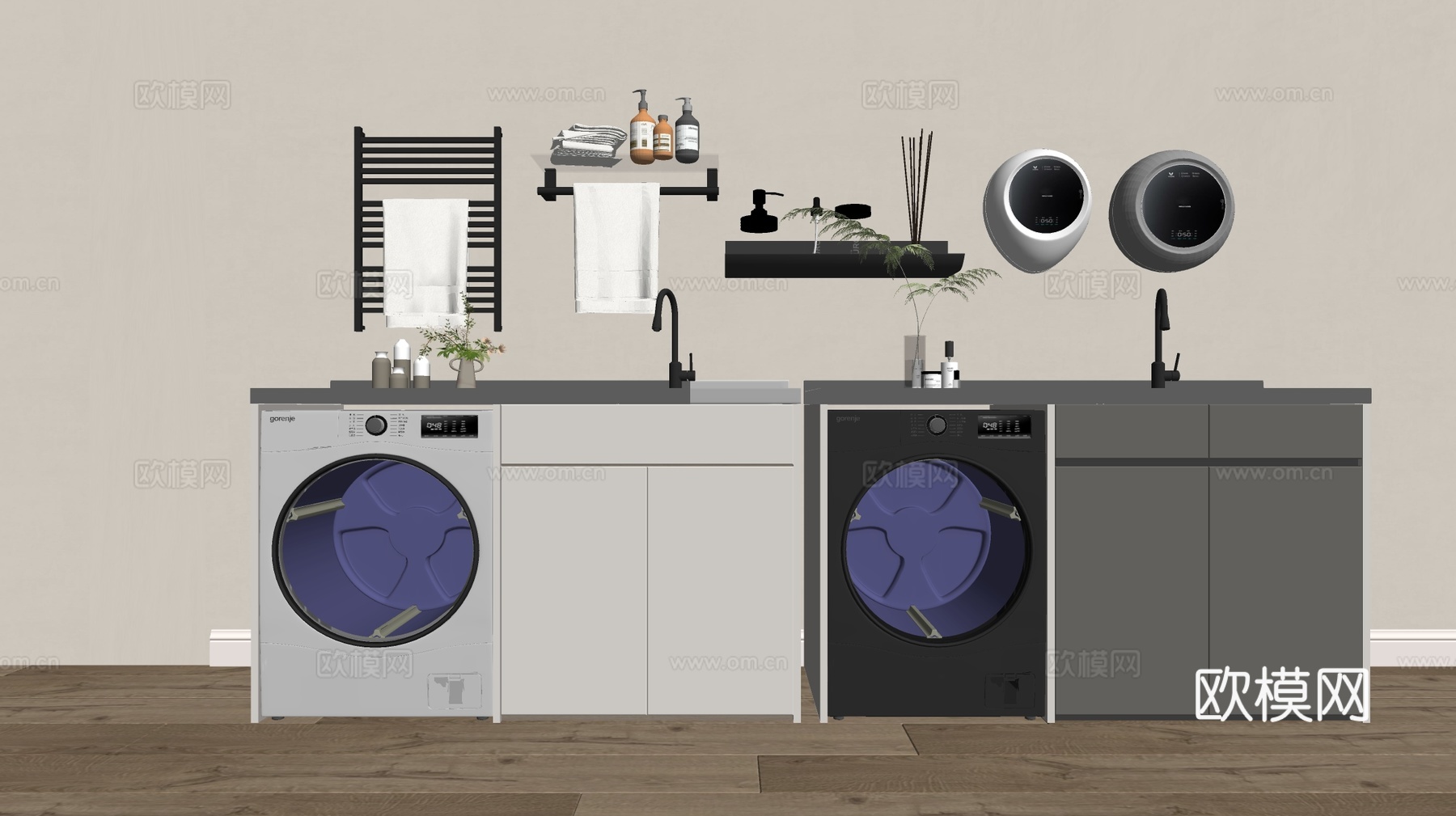现代极简风柜子 整体柜 洗衣机柜 小洗衣机 阳台柜 储物柜su模型下载（渲染图2）