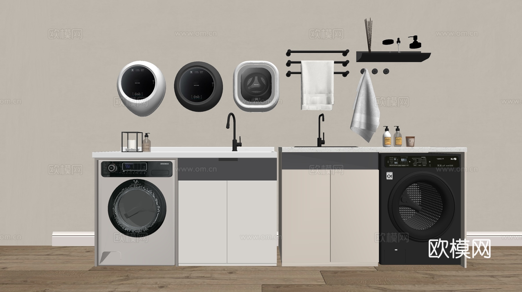 现代极简风柜子 整体柜 洗衣机柜 小洗衣机 阳台柜 储物柜su模型下载（渲染图2）
