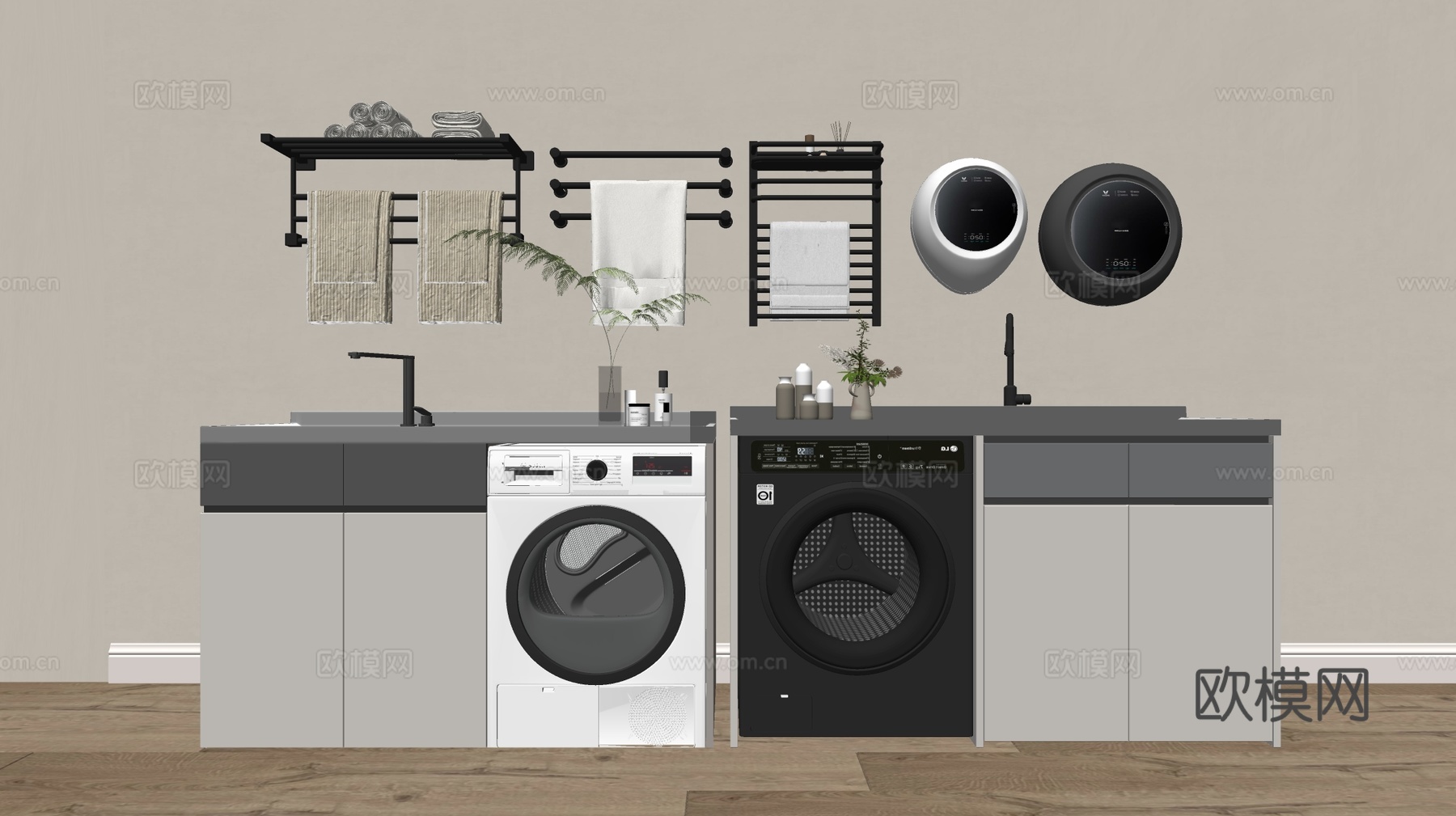 现代极简风柜子 整体柜 洗衣机柜 小洗衣机 阳台柜 储物柜su模型下载（渲染图2）
