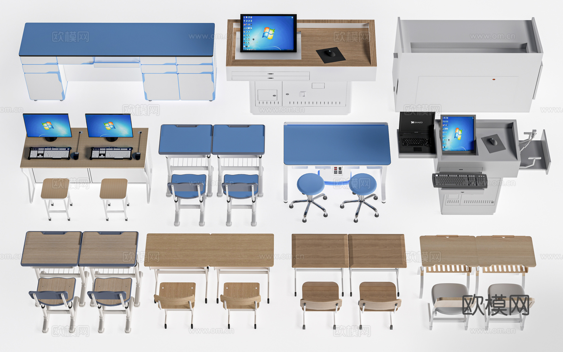 现代教室课桌椅 实验室桌椅 实验台 讲台桌椅su模型