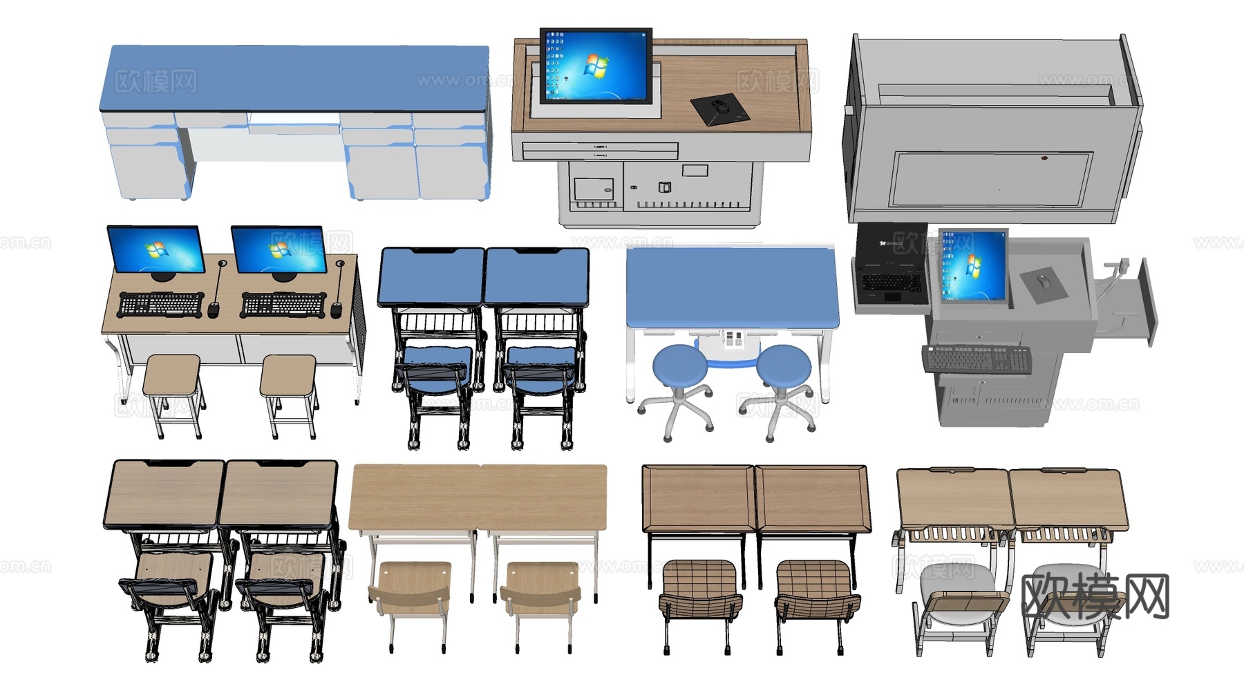 现代教室课桌椅 实验室桌椅 实验台 讲台桌椅su模型