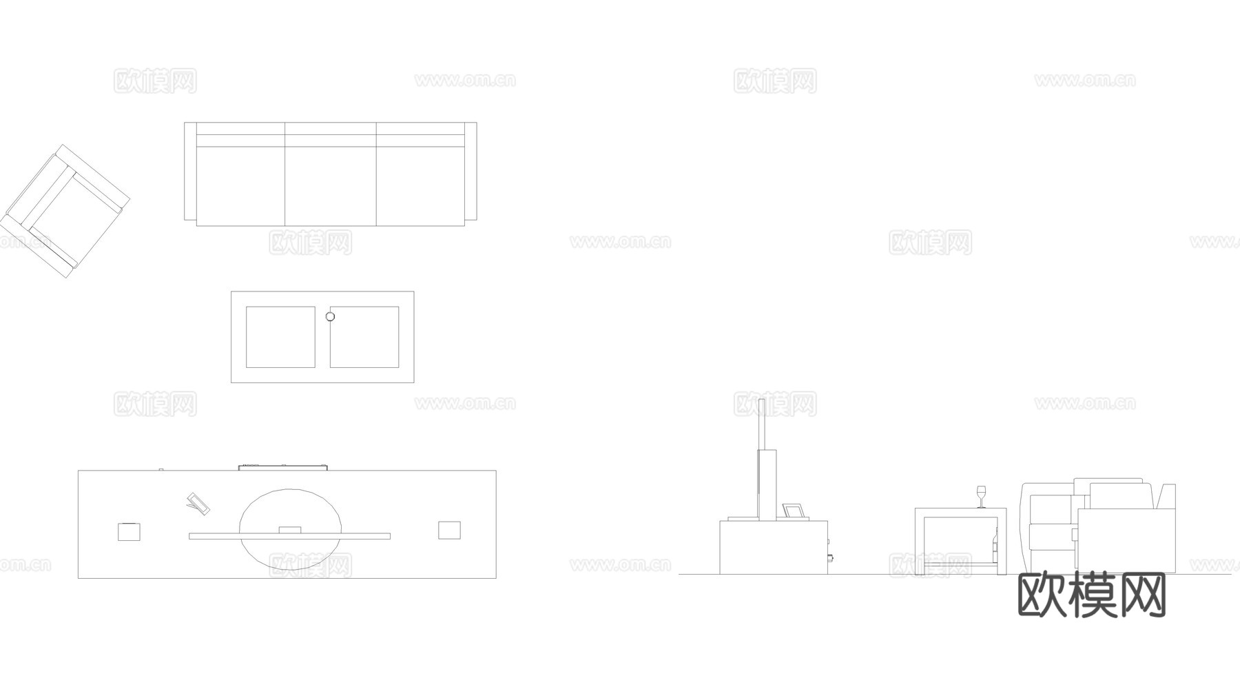 客厅三人沙发 单人扶手椅 带电视柜cad施工图