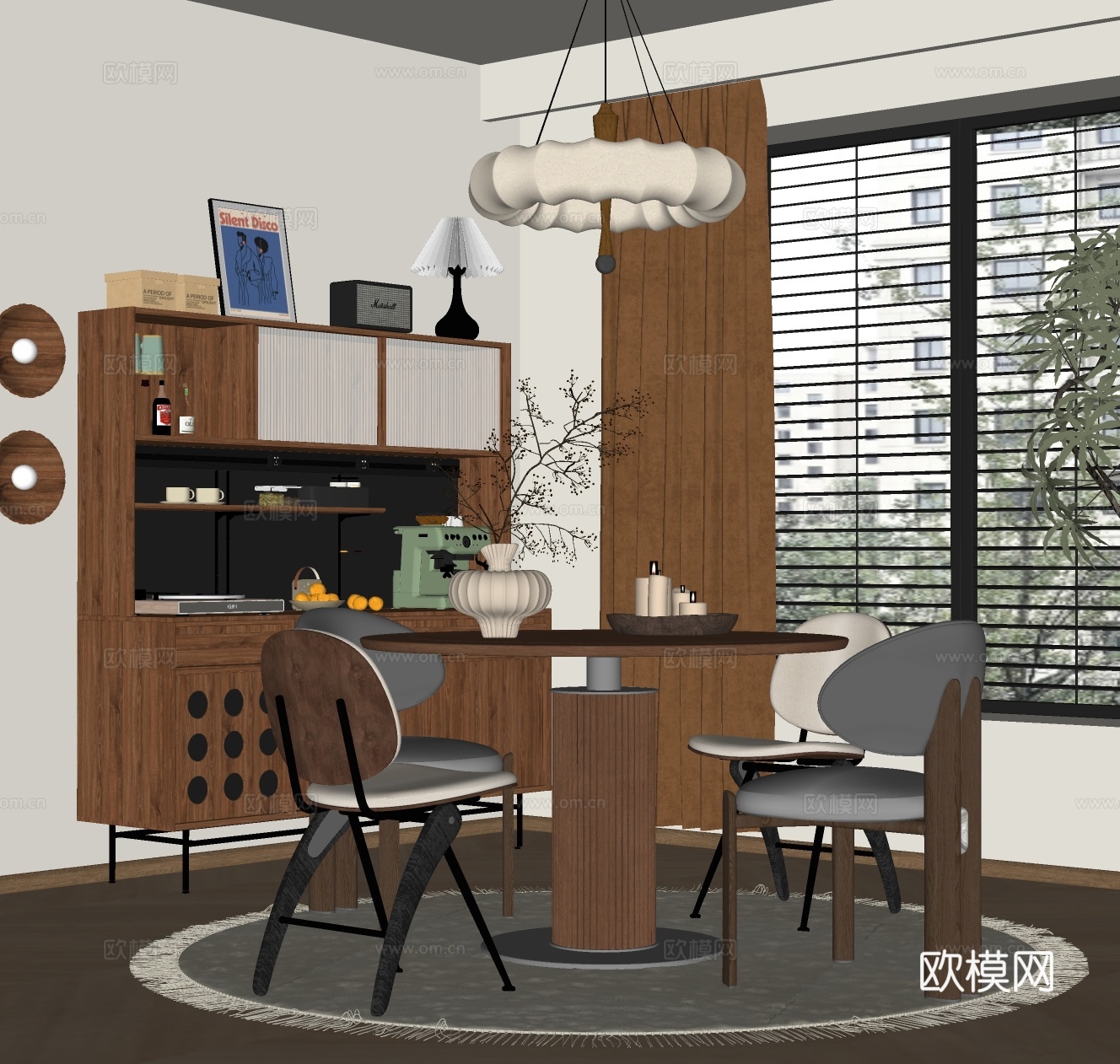 中古风餐厅 餐桌椅 餐边柜su模型