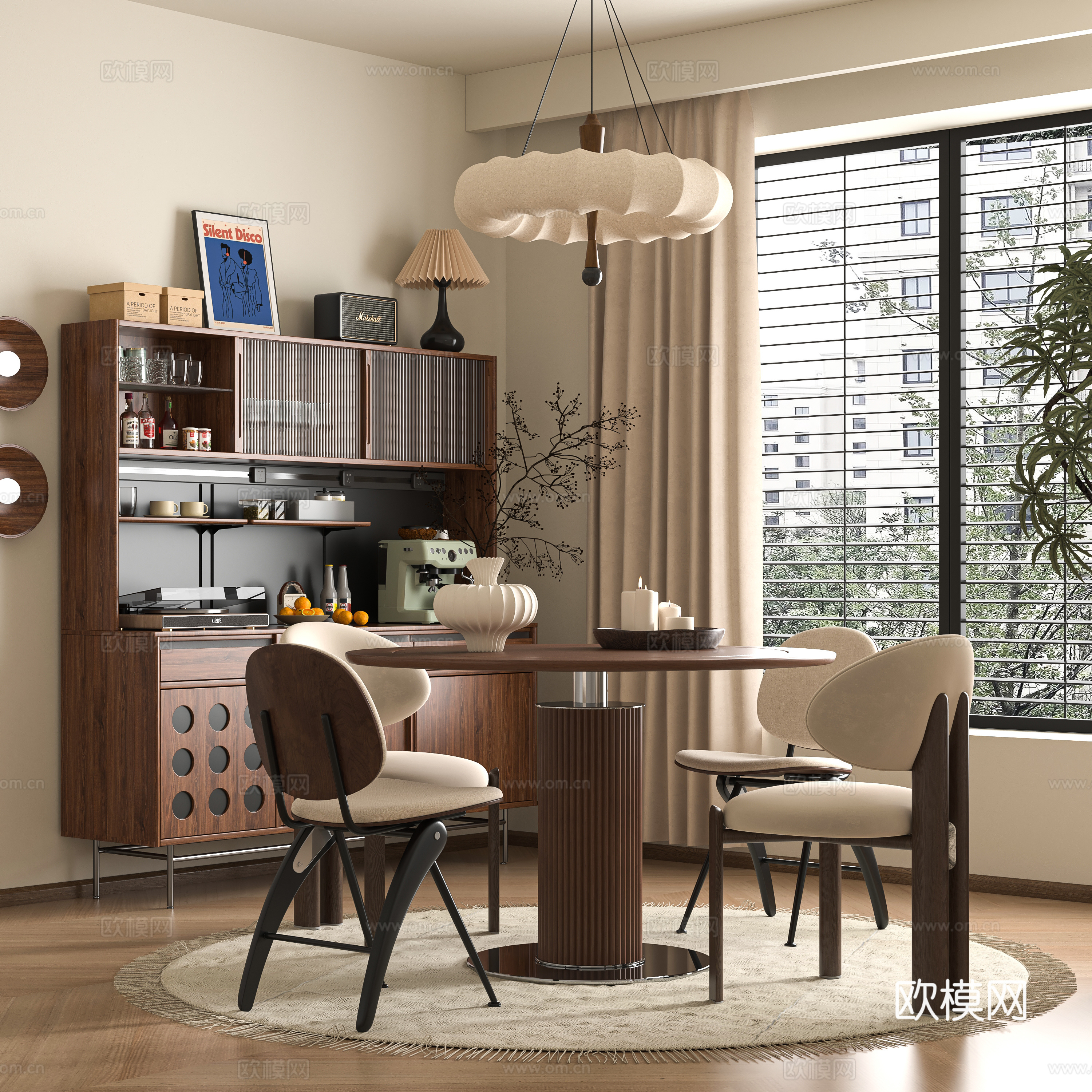 中古风餐厅 餐桌椅 餐边柜su模型