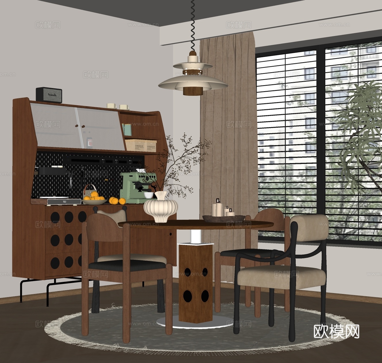 中古风餐厅 餐桌椅 餐边柜su模型