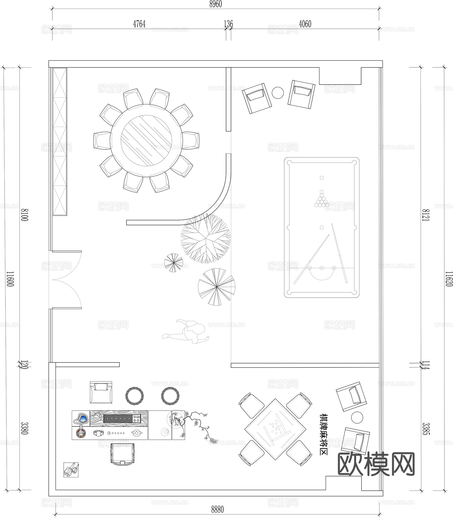 会所棋牌茶室cad施工图