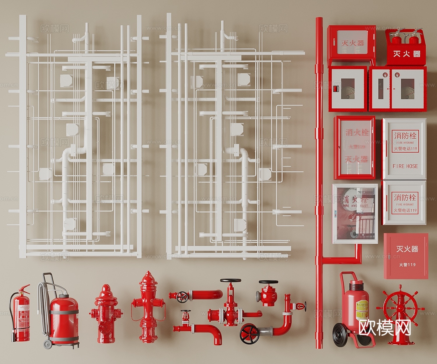消火栓 消防器材 灭火器 消防管道3d模型