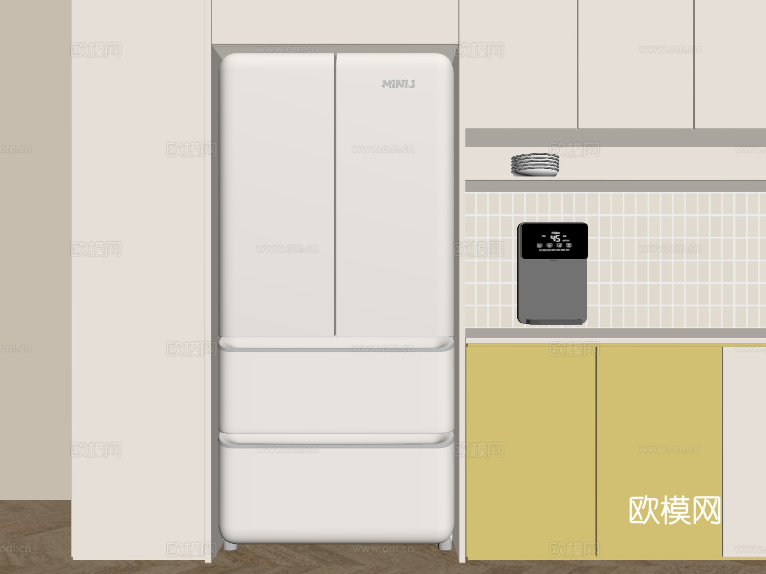 现代奶油风冰箱 四开门冰箱su模型