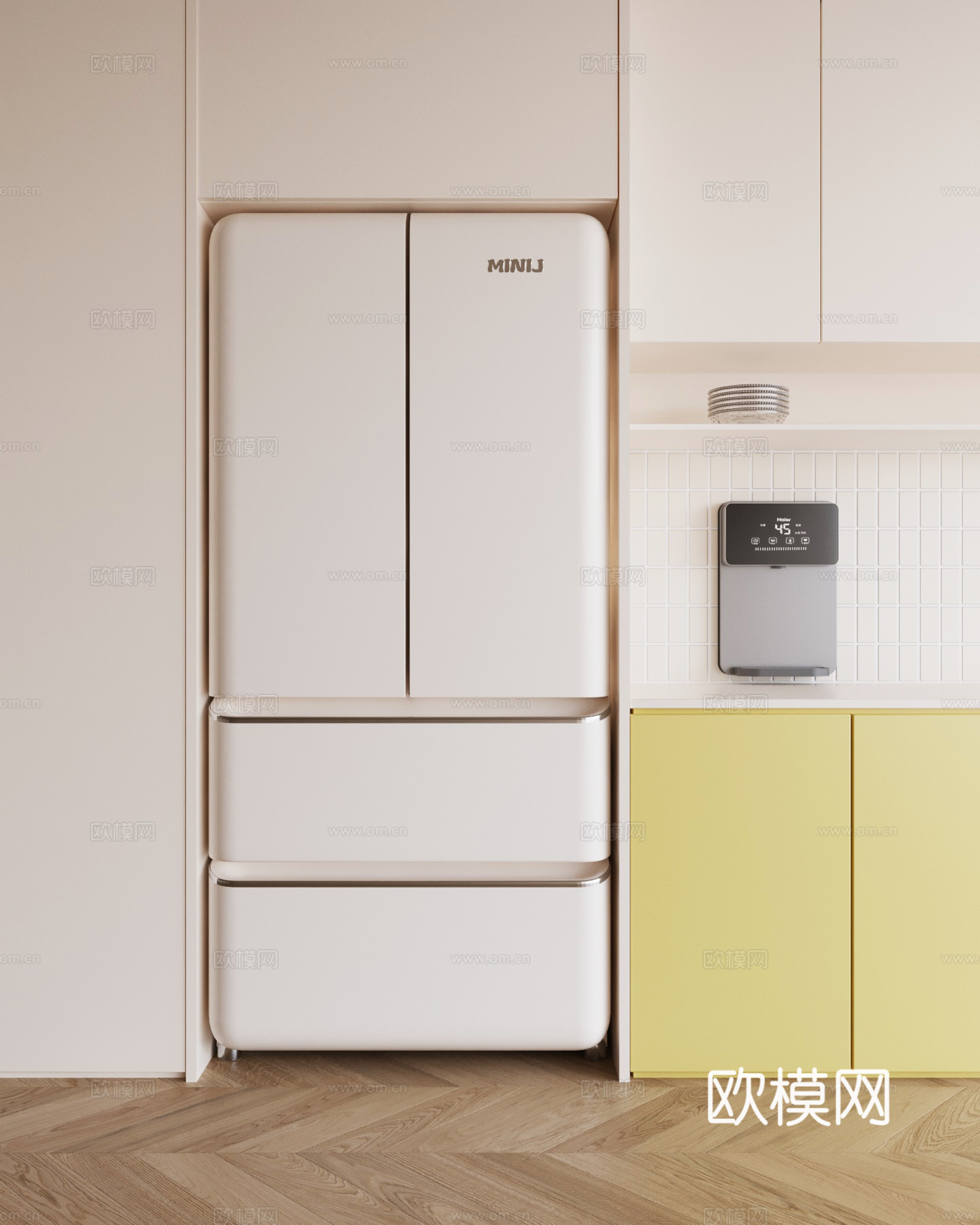 现代奶油风冰箱 四开门冰箱su模型