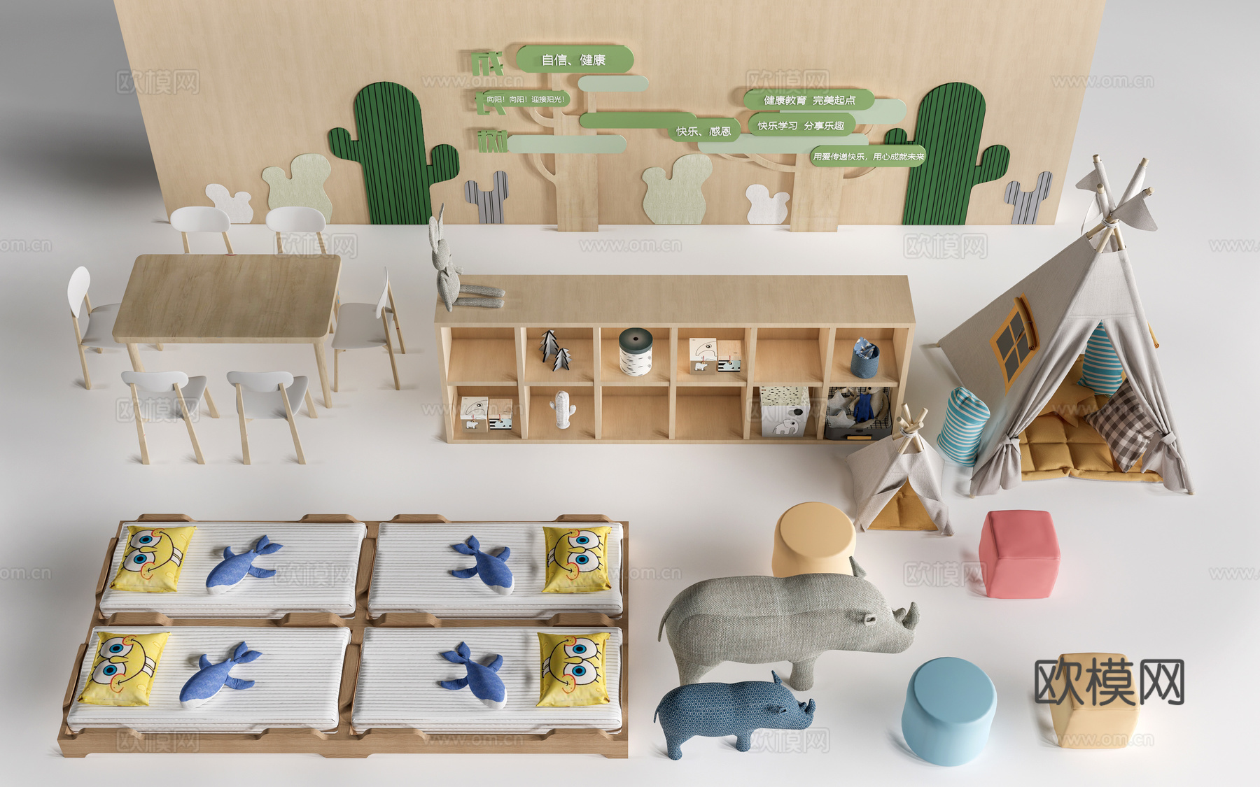 现代幼儿园桌椅 幼儿园午休床 幼儿园家具su模型下载（渲染图1）
