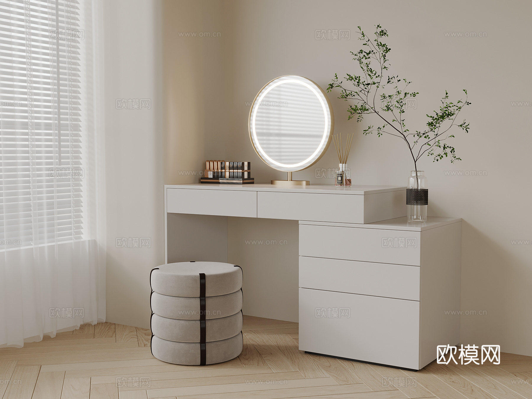 现代奶油梳妆台3d模型