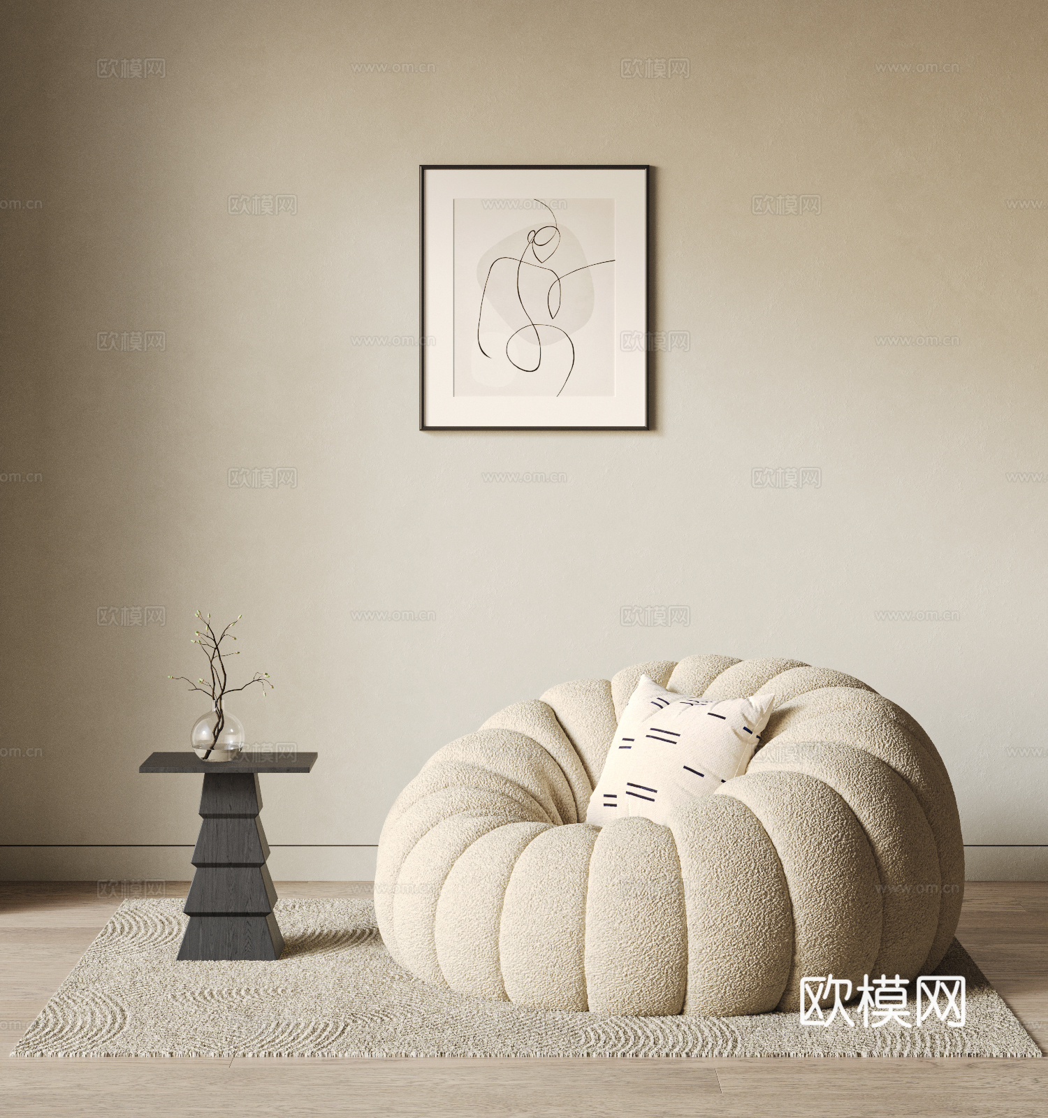 奶油风羊羔绒懒人沙发3d模型下载