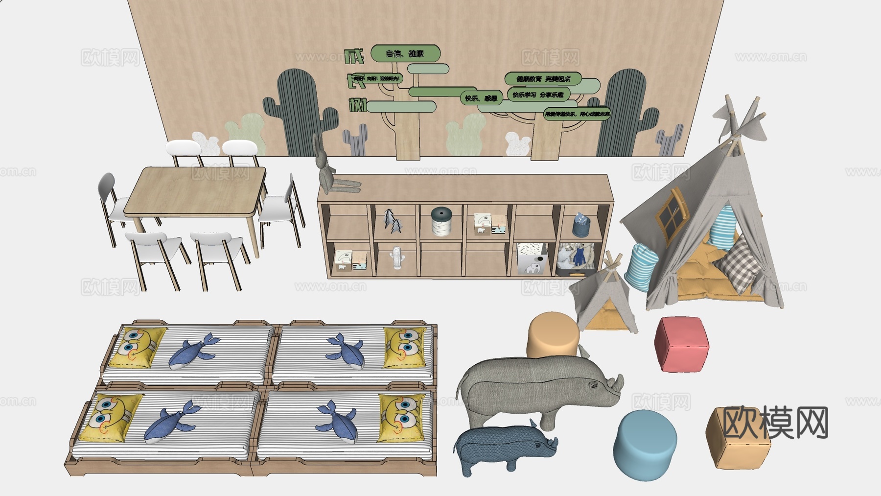 现代幼儿园桌椅 幼儿园午休床 幼儿园家具su模型下载（渲染图3）