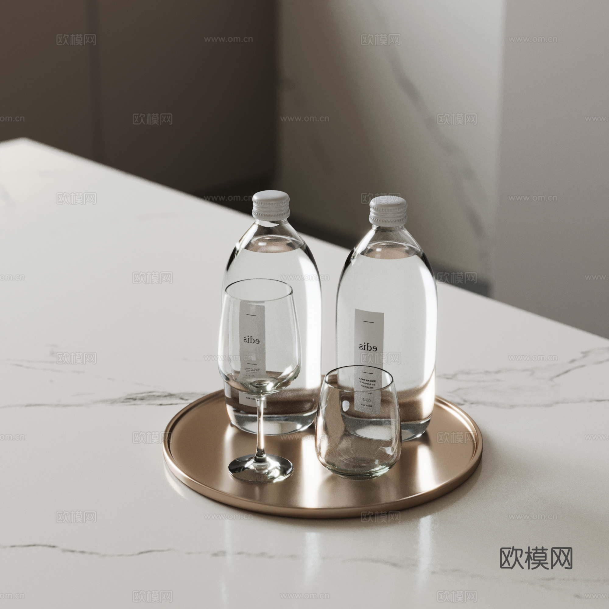 现代 托盘 水杯 玻璃杯 酒杯3d模型