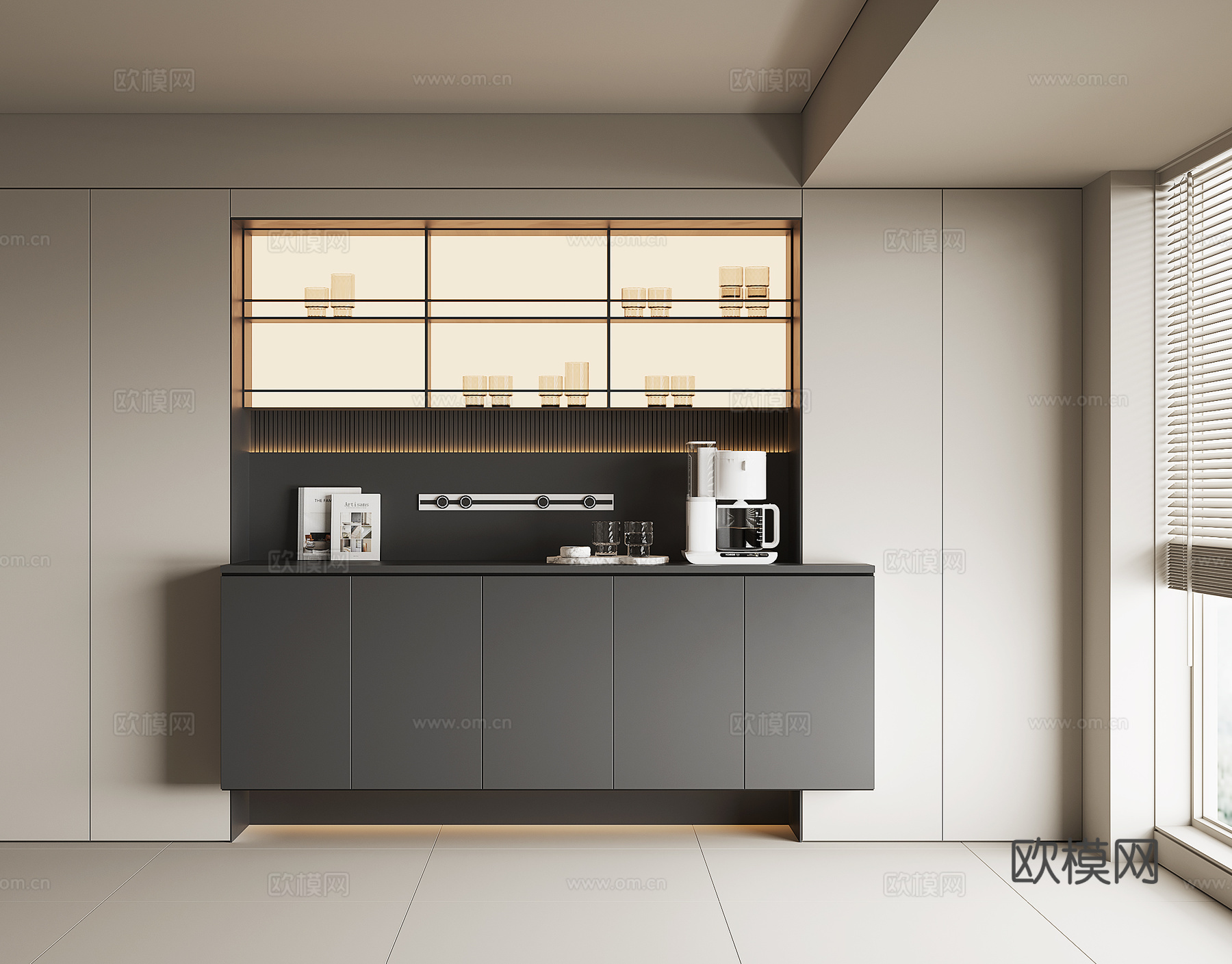 现代餐边柜酒柜su模型下载（渲染图1）