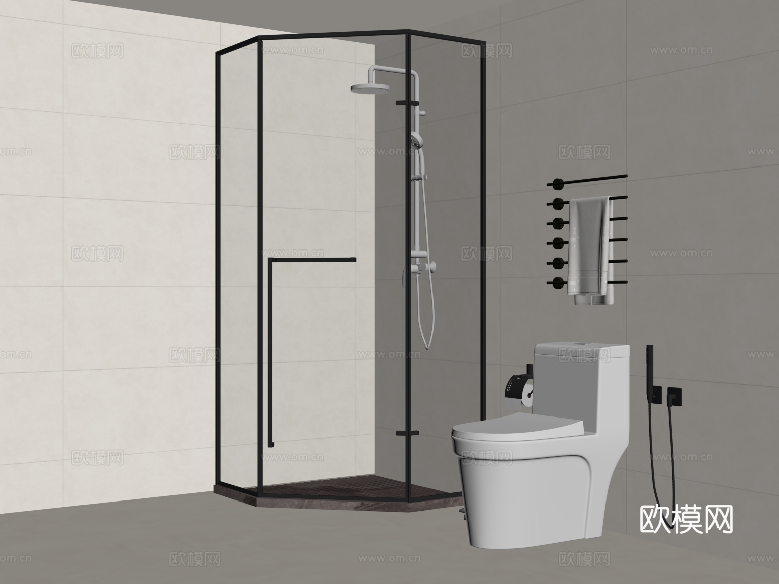 现代浴室 花洒 马桶 毛巾架su模型