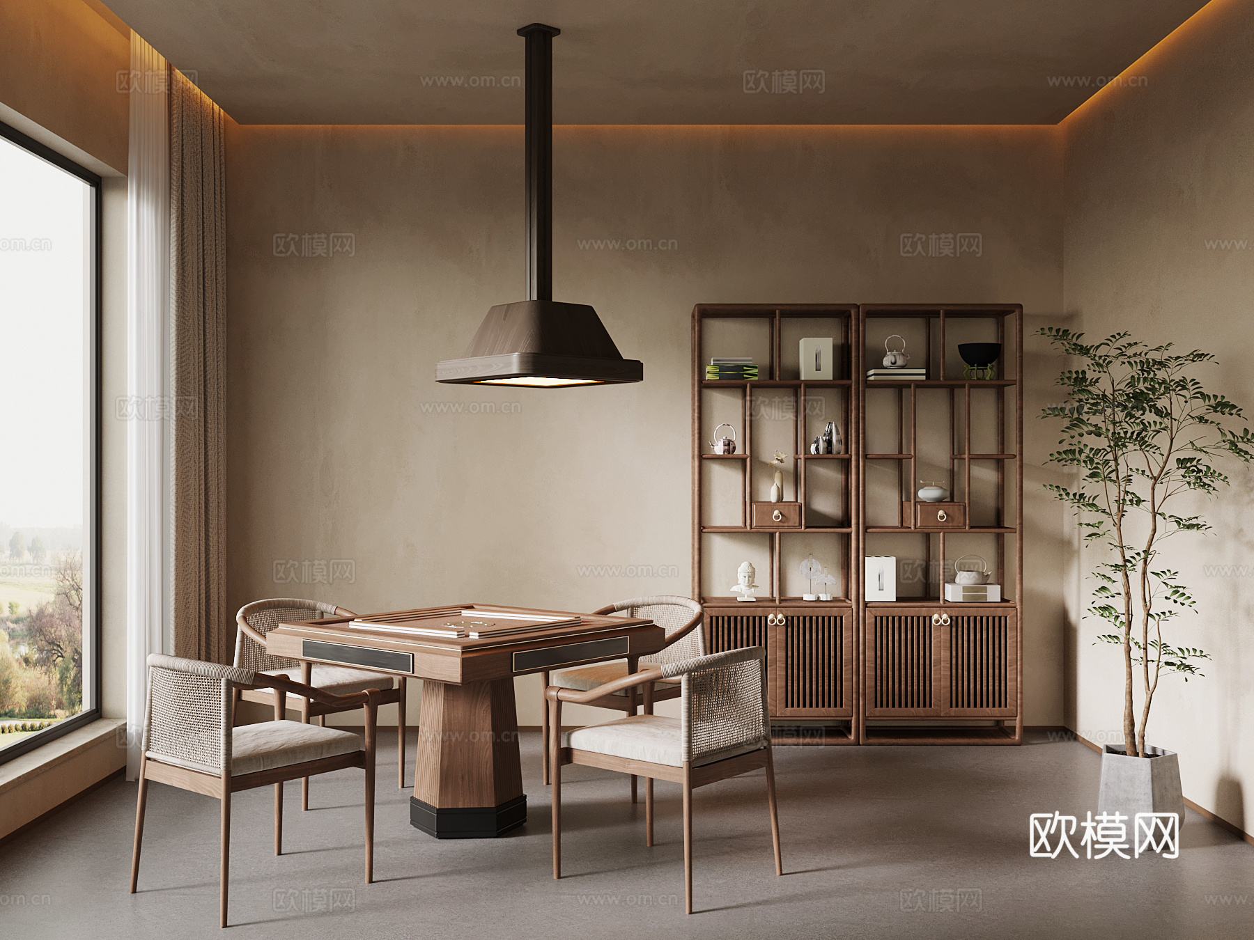 棋牌室 侘寂风棋牌室 麻将室 麻将桌su模型