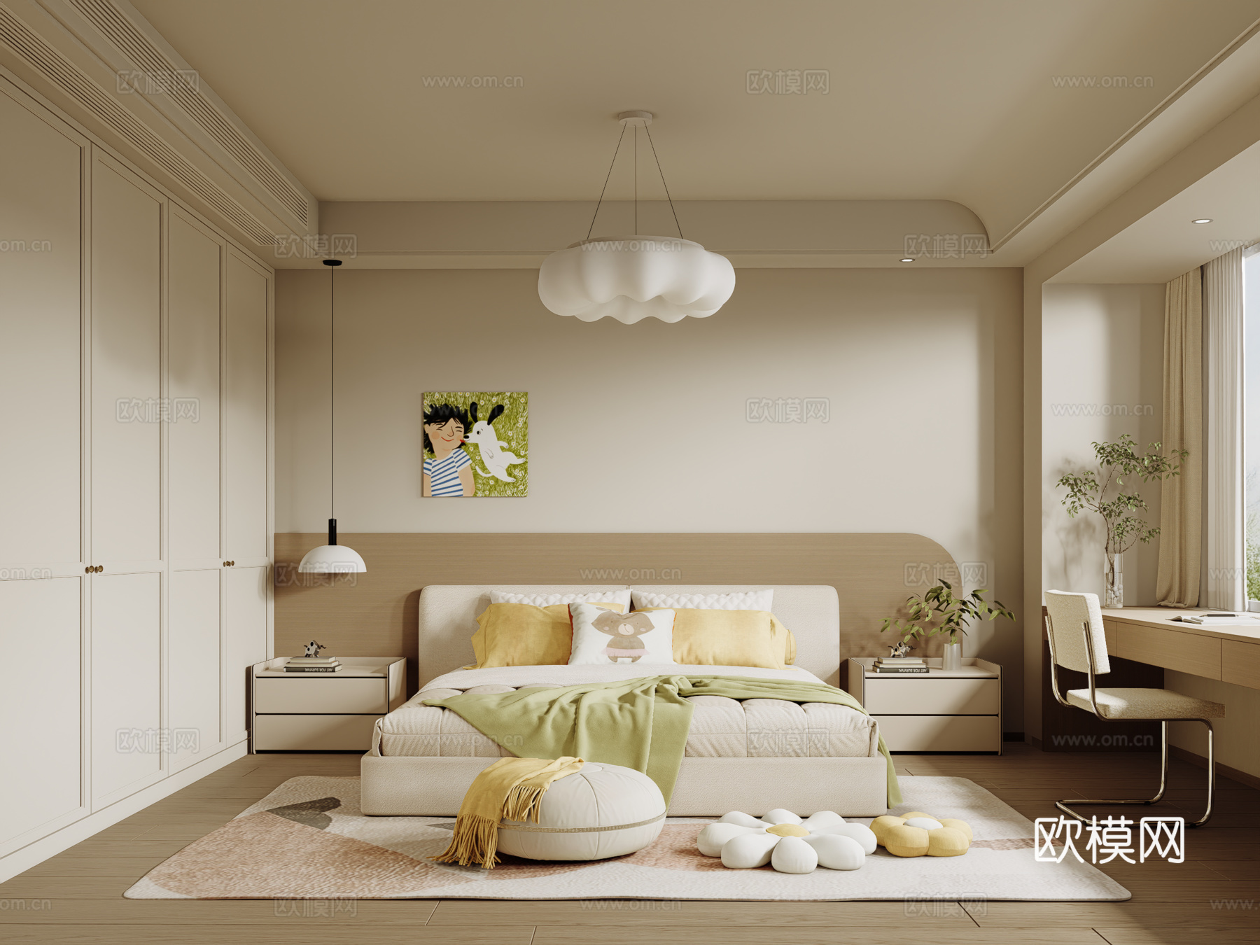 现代奶油通用儿童房su模型