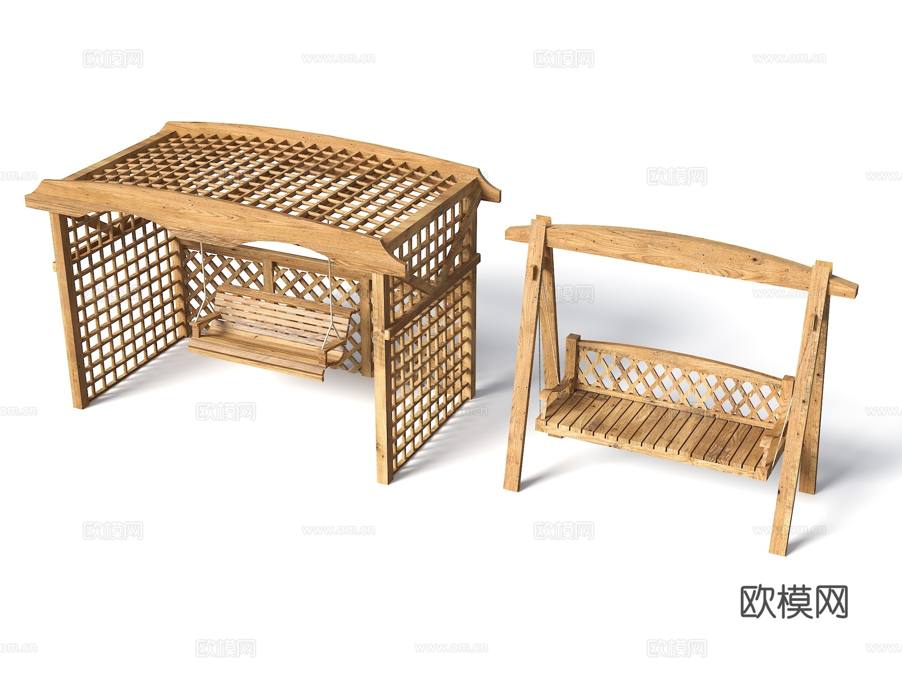 现代户外秋千椅 庭院秋千 秋千椅 吊椅 户外摇椅 木秋千 阳su模型下载（渲染图1）