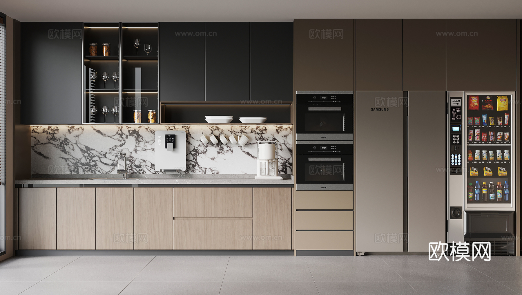 意式茶水间 休闲椅 直饮机咖啡机su模型下载（渲染图1）