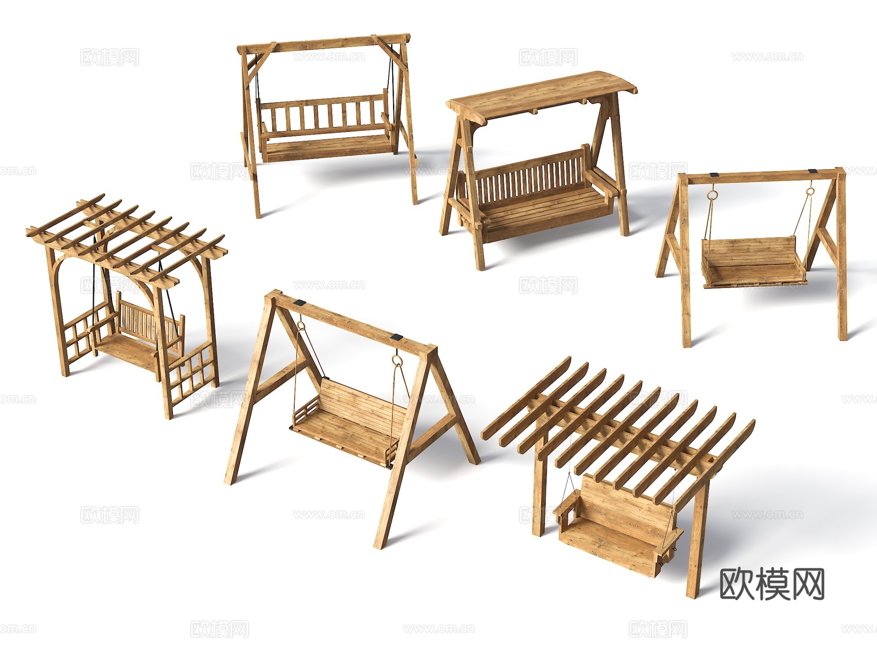 现代户外秋千椅 庭院秋千 秋千椅 吊椅 户外摇椅 木秋千 阳su模型下载（渲染图1）